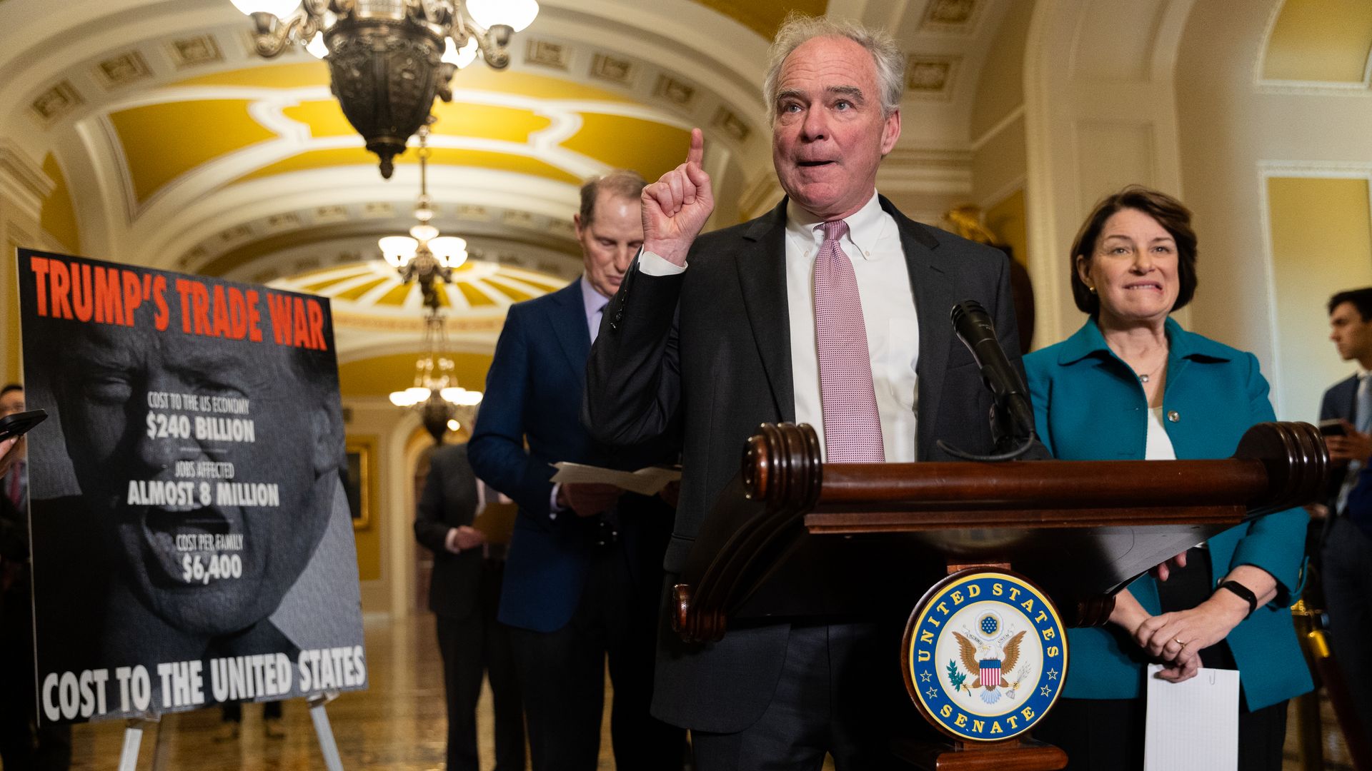 Senator Tim Kaine (D-VA) speaks at a press conference with other members of Senate Democratic leadership, following weekly policy luncheons, on upcoming tariffs by the Trump administration, in Washington, DC on April 1, 2025.
