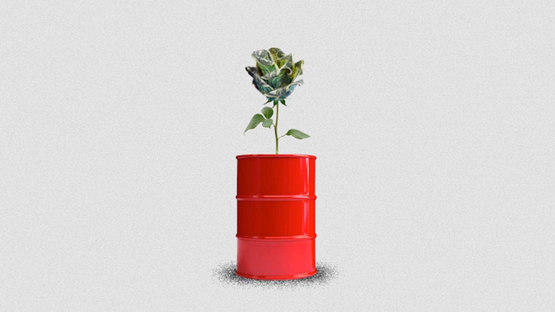 Illustration of a plant made of money sprouting out an oil container.