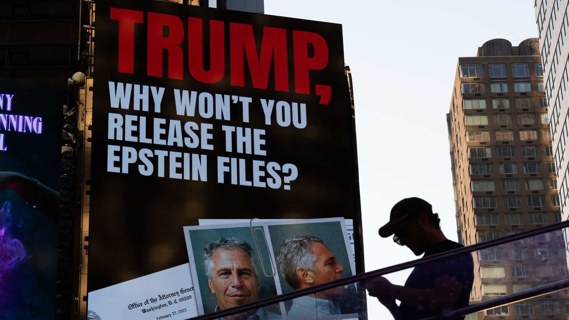 A billboard in Times Square calls for the release of the Epstein files on July 23.