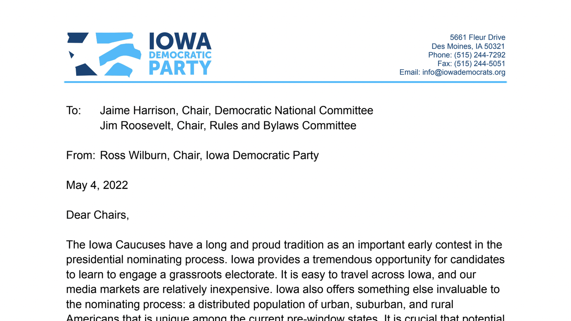 Iowa Democratic Party letter to the DNC for caucuses