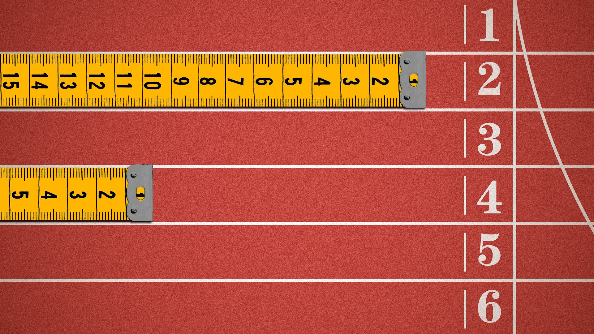 Illustration of a running track from above with two pieces of measuring tape in competing lanes.
