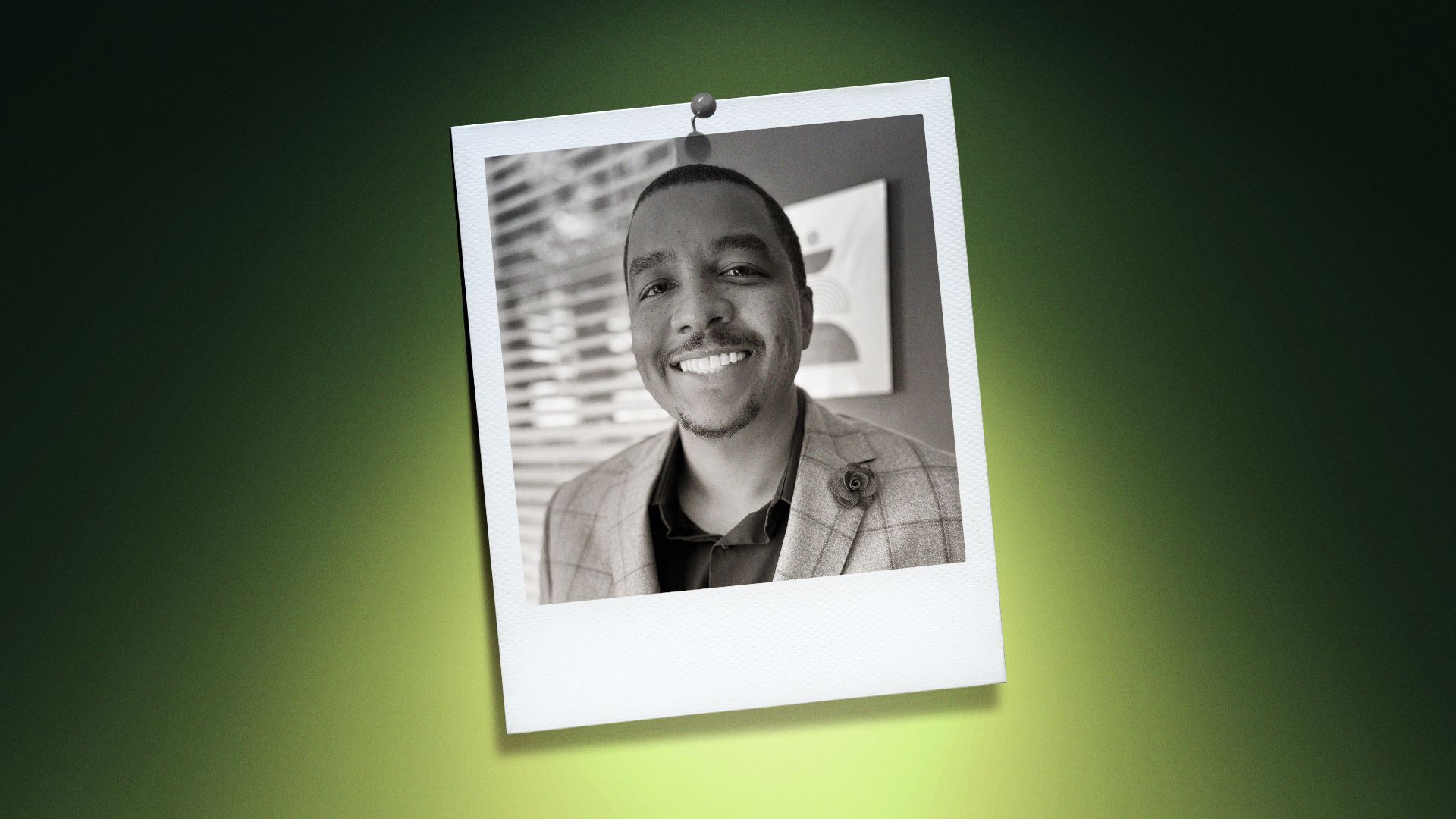 Photo illustration of Jason Johnson in the center of a Polaroid photo under a green spotlight.
