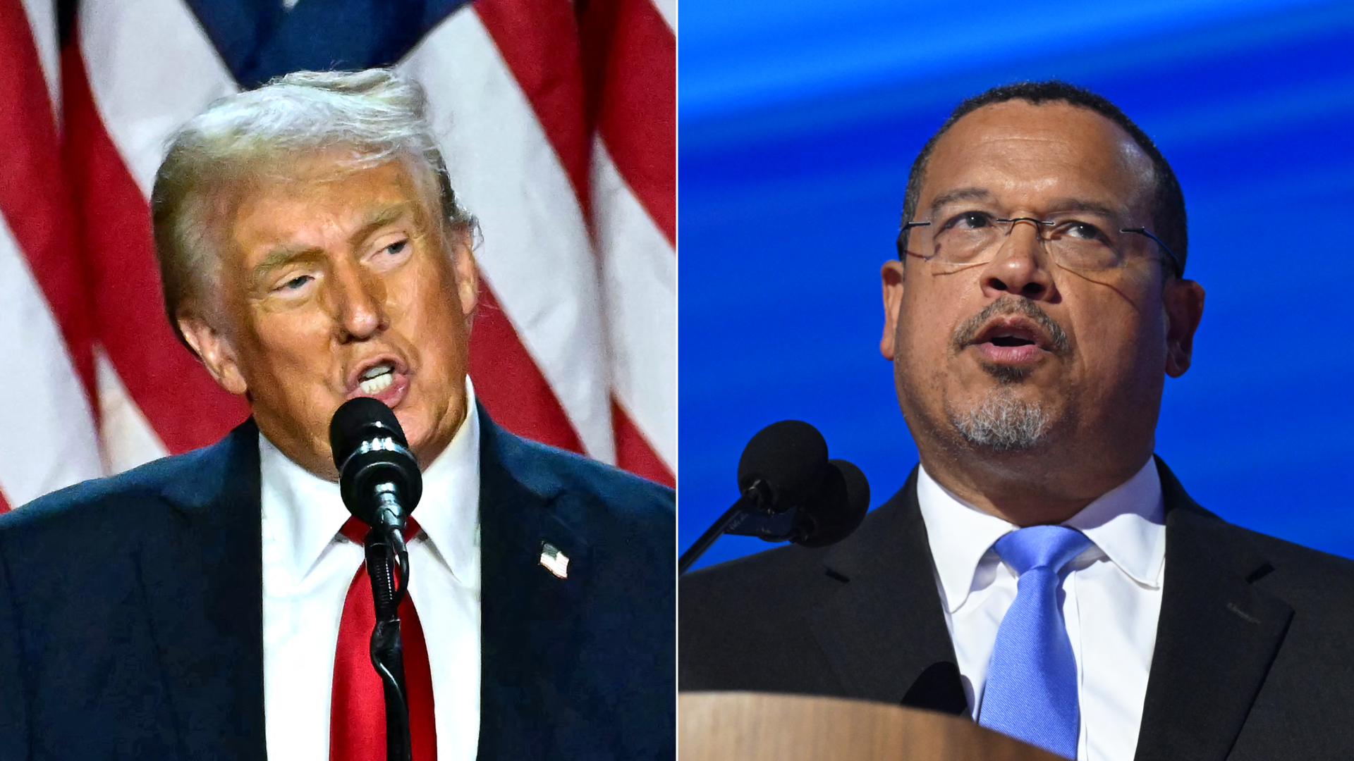 A side-by-side image of President Donald Trump and Minnesota Attorney General Keith Ellison