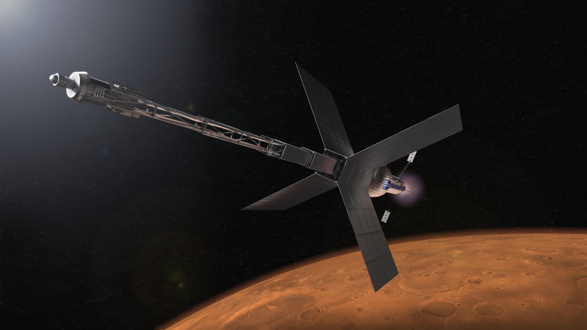 Artist's illustration of a spacecraft with solar power cells in the shape of an X off a long, skinny body in orbit around Mars