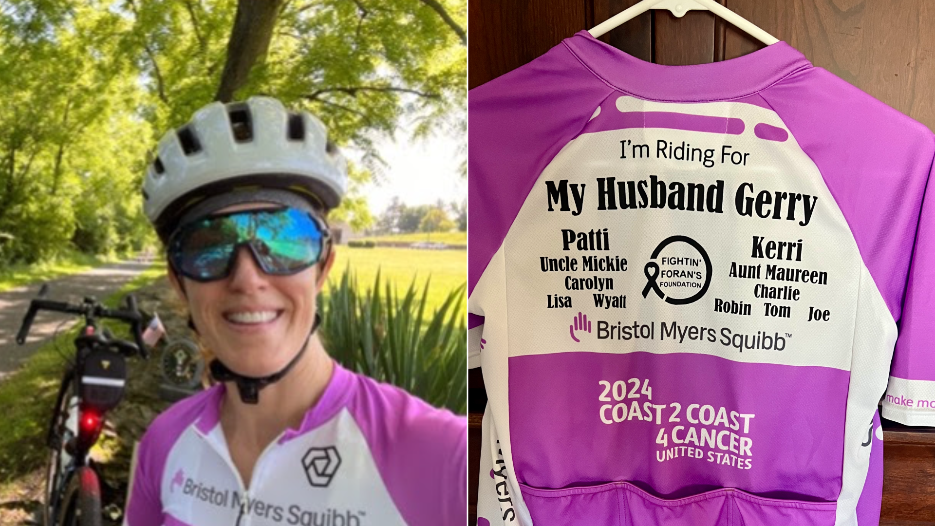 Laura Foran, left, posing in the jersey, right, she'll wear during a cross-country bike ride to honor her late husband, Gerry.