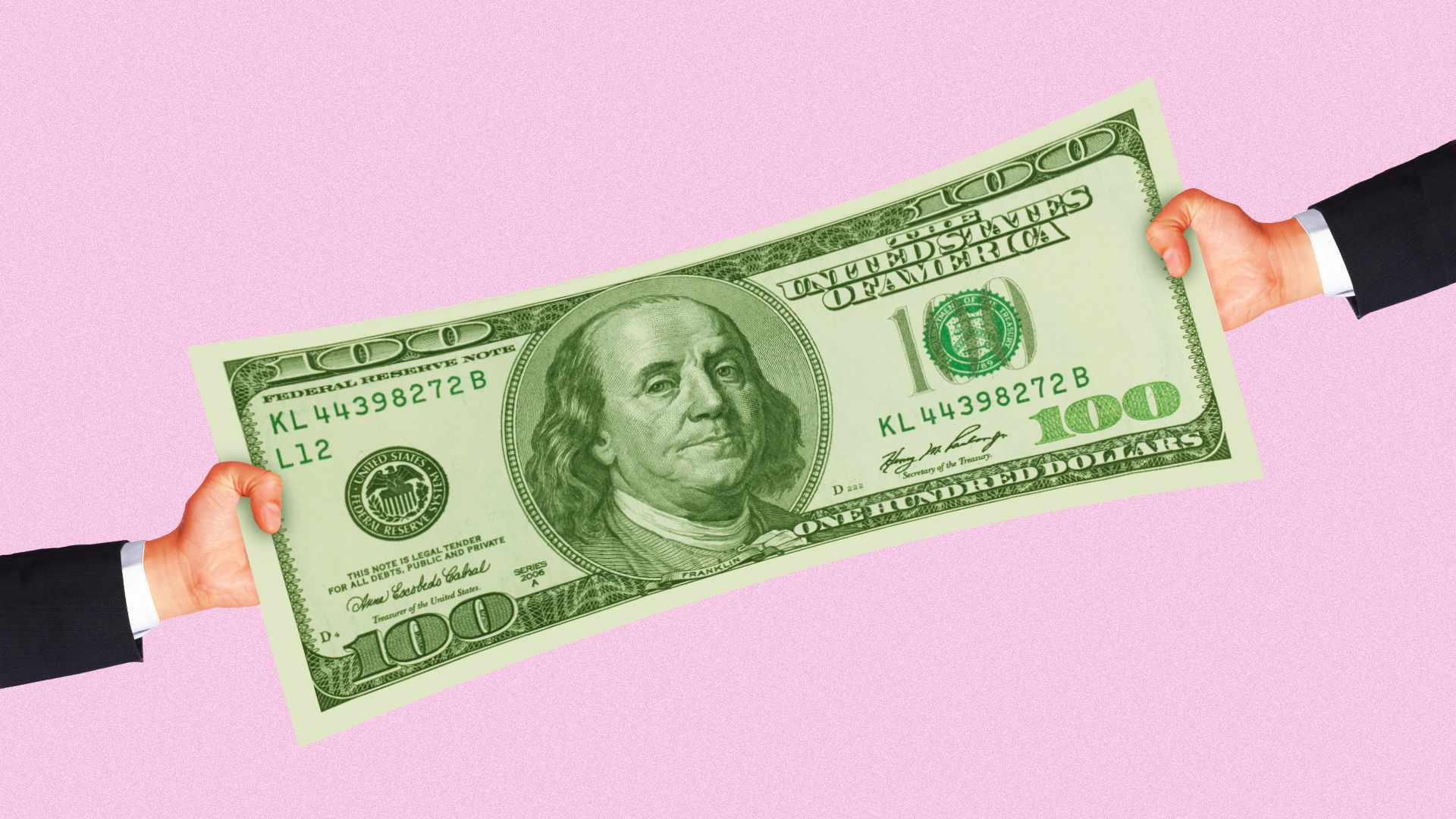 Illustration of two arms stretching a U.S. dollar