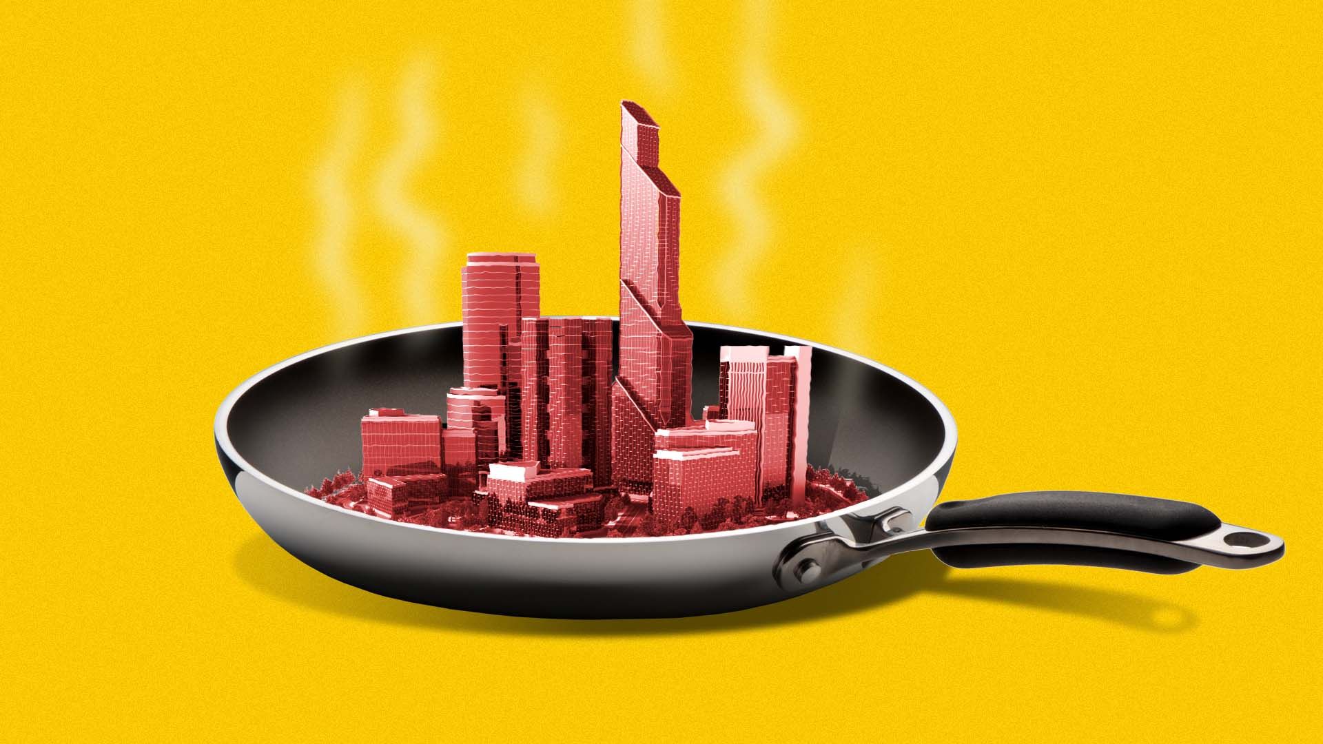 Illustration of a small city heating up in a skillet