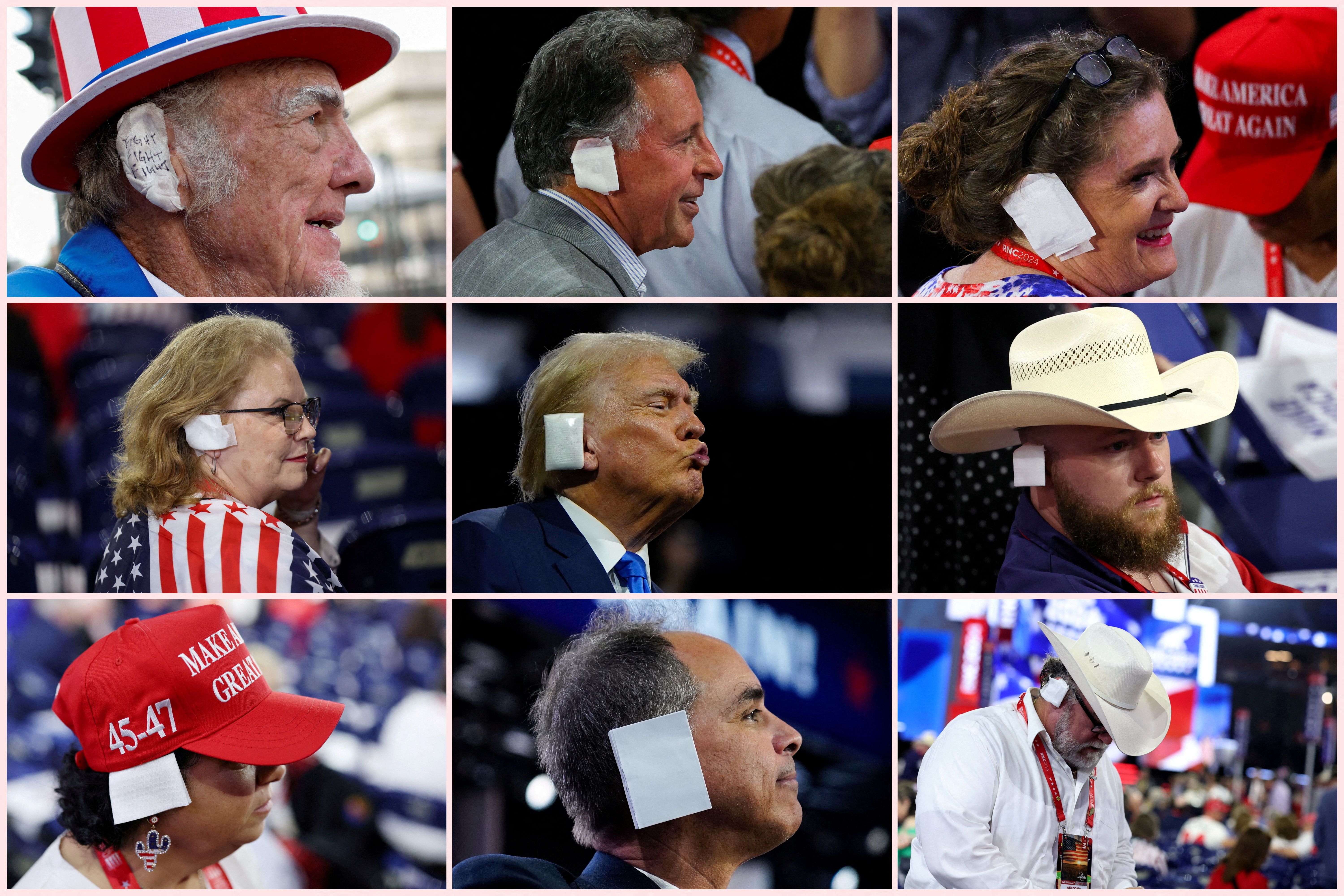 A combination image shows Republican presidential nominee and former U.S. President Donald Trump with a bandaged ear after he was injured in an assassination attempt, and supporters and attendees wearing bandages over their ears in tribute to Trump during the Republican National Convention.