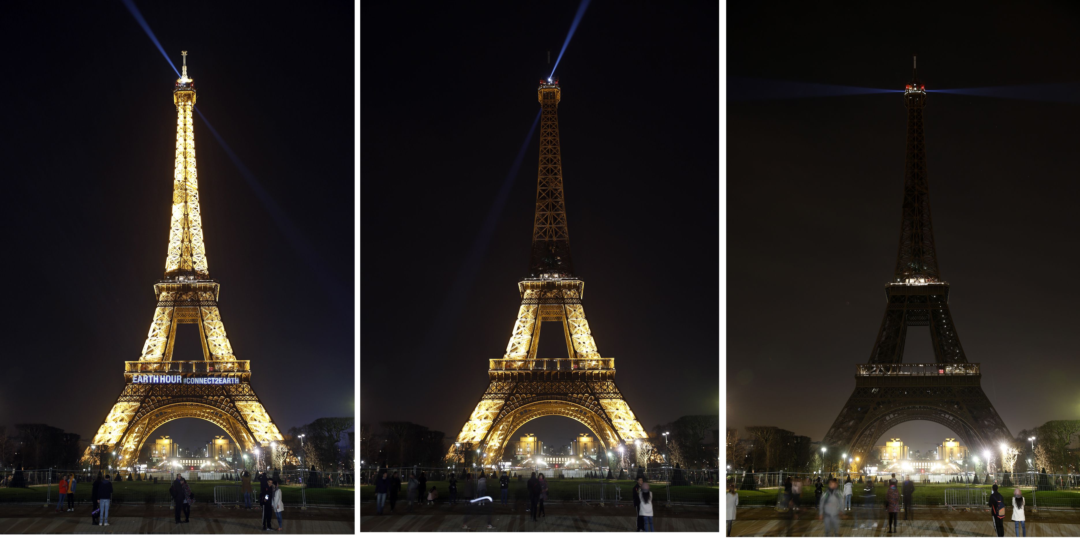 The Eiffel Tower lights go out in Paris, France.
