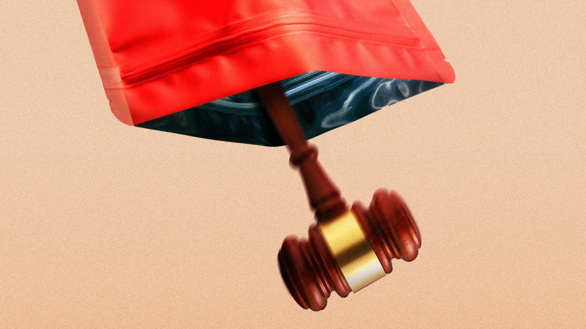 Illustration of a gavel falling out of a plastic package.