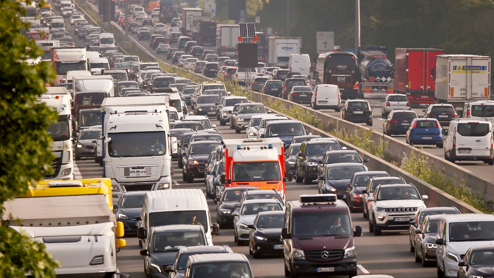 Cars in a traffic jam.