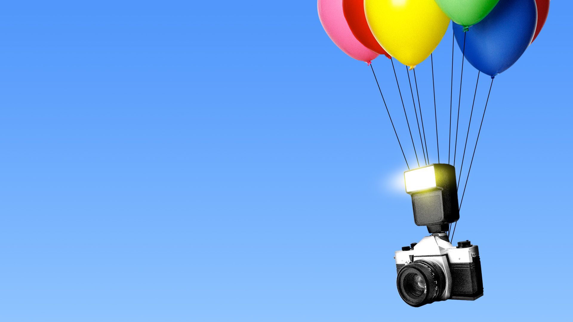 Illustration of a bunch of balloons carrying a camera with a flash.  