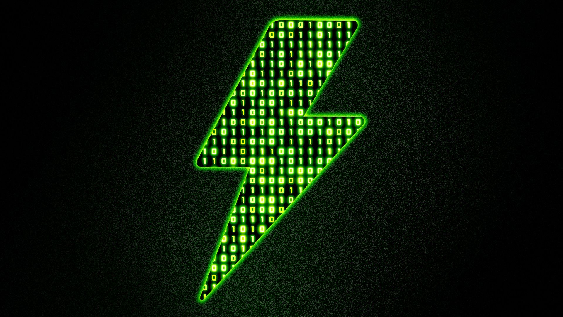 Illustration of a glowing lightning bolt symbol filled with binary code.