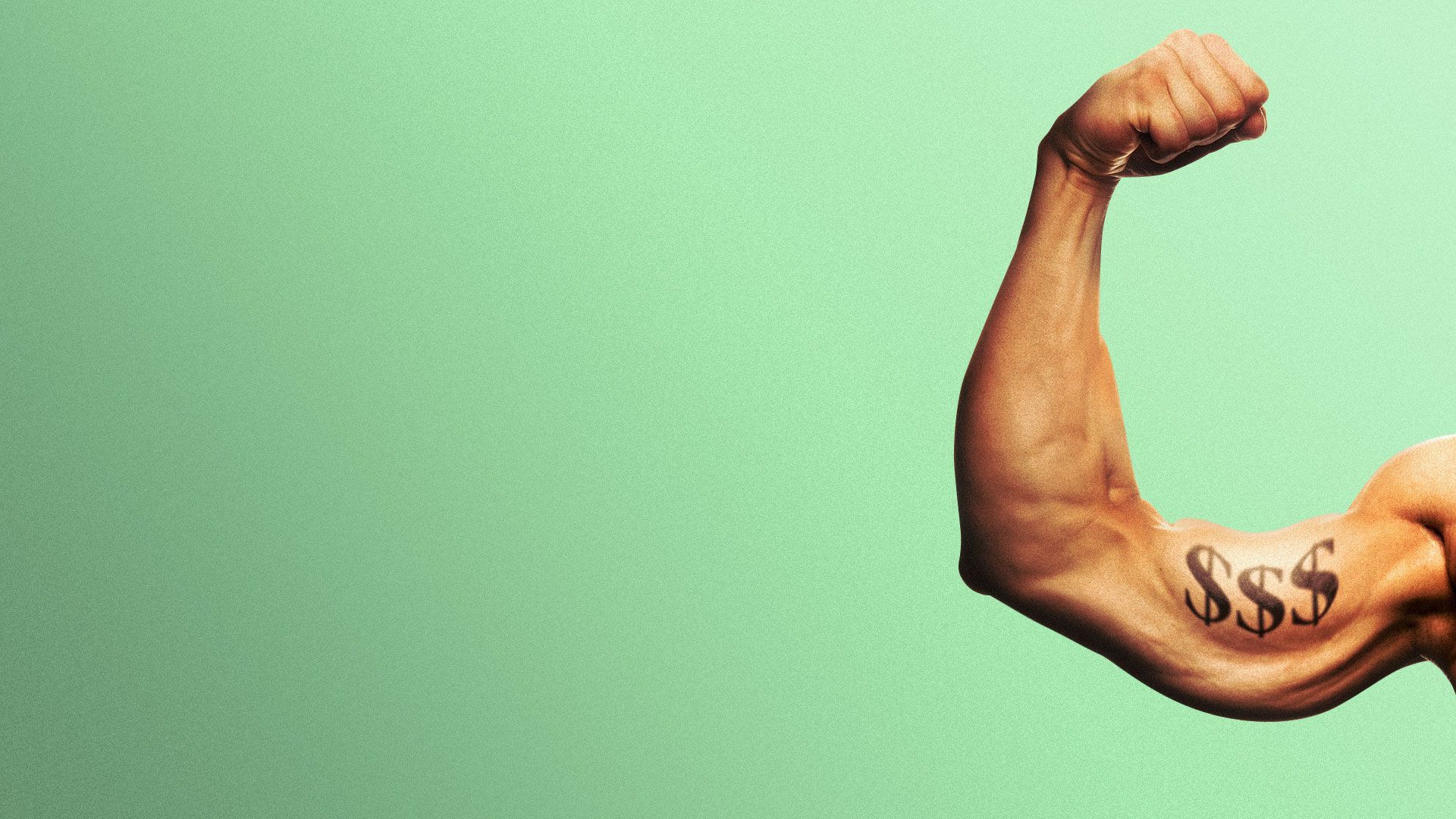 Illustration of a man flexing a muscle that is drooping. There is a tattoo of  "$$$" on the muscle. 