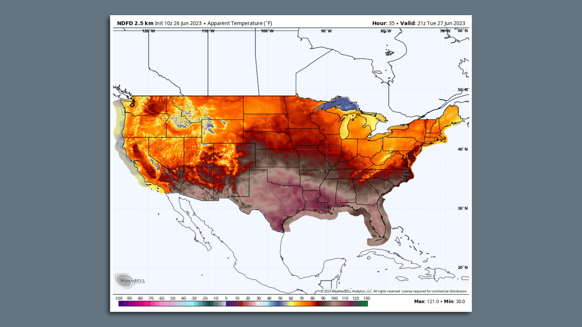 Map showing forecast "apparent temperatures" on June 27.