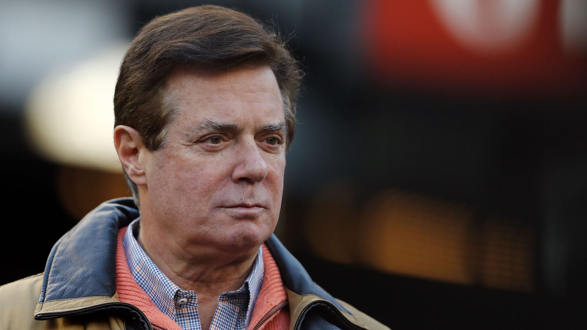 A closeup of Paul Manafort wearing casual clothes 
