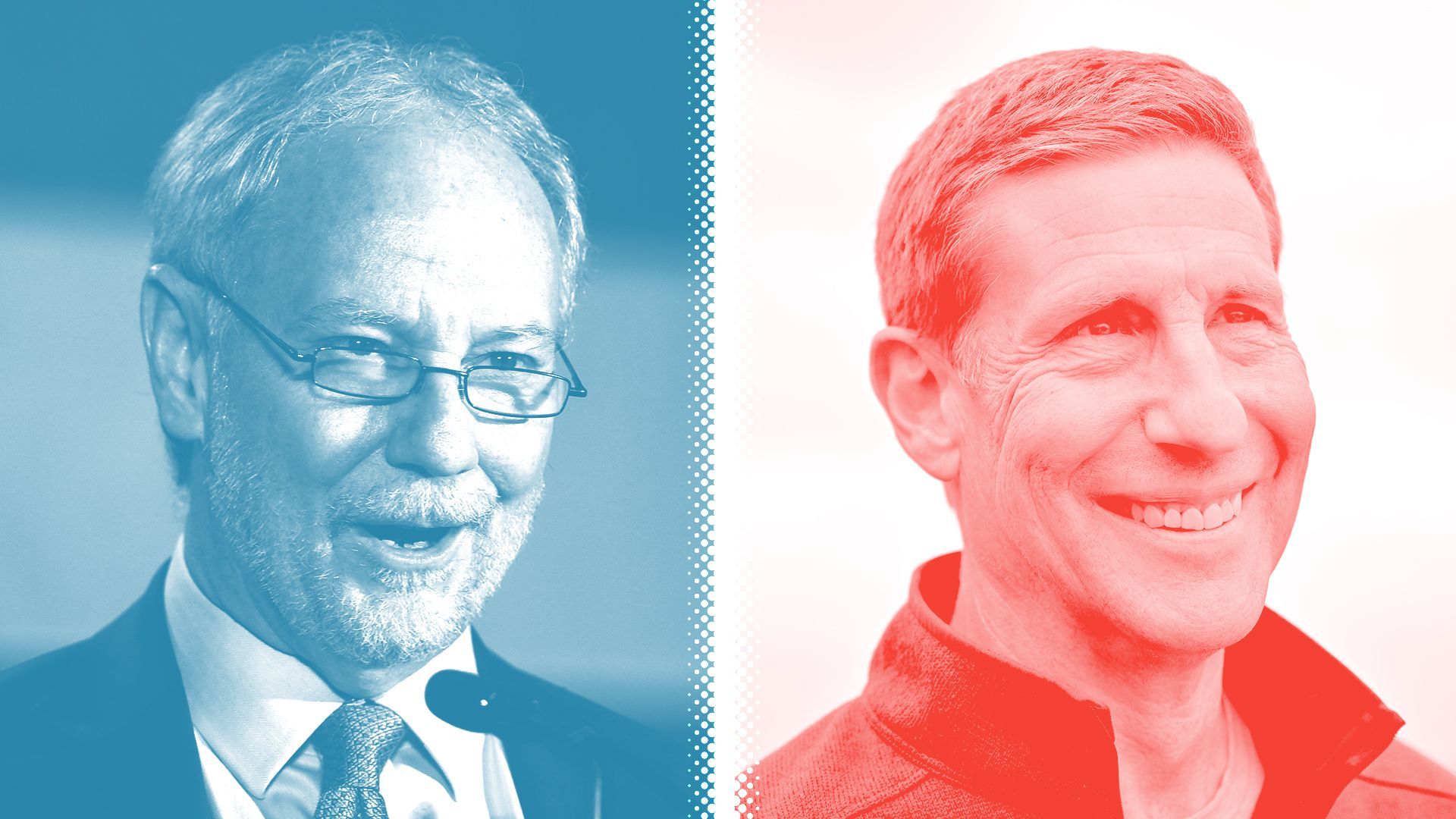 Photo illustration of Dave Young, tinted blue, and Lang Sias, tinted red, separated by a white halftone divider.