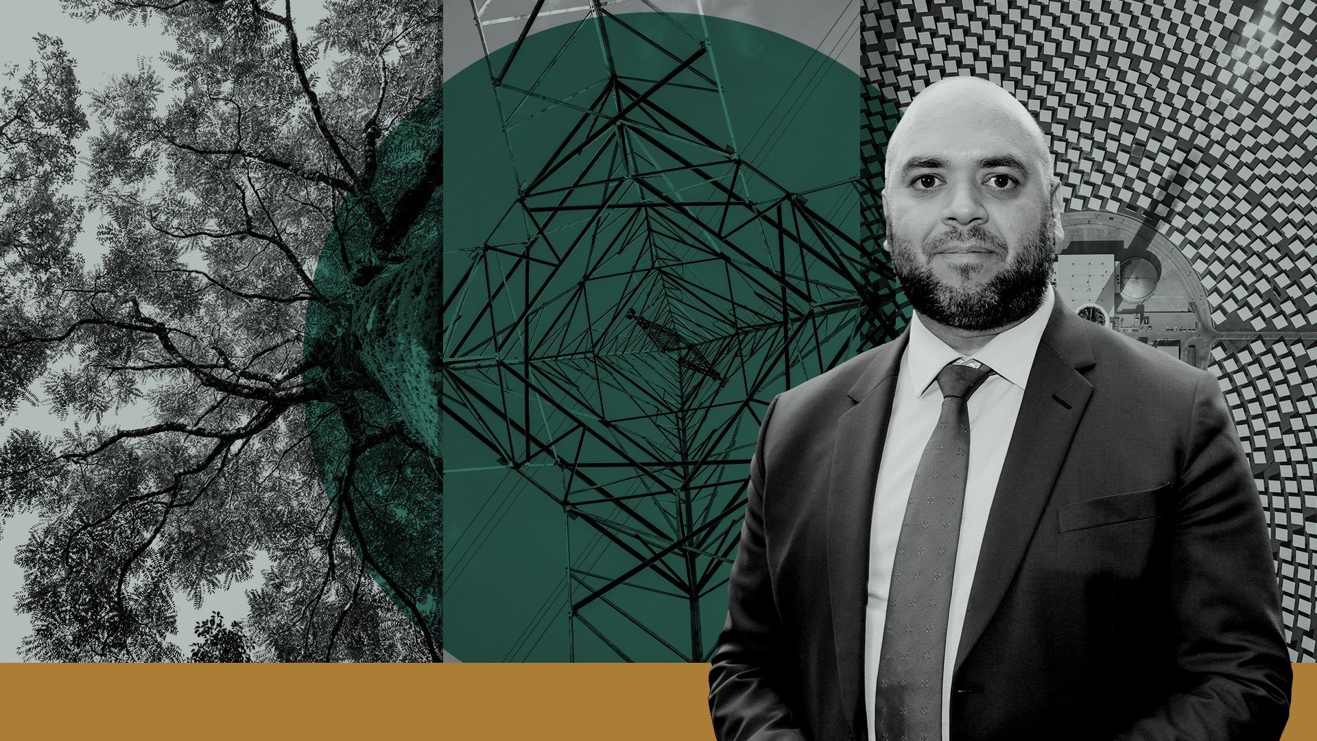 Photo illustration of COP28 Director General, Ambassador Majid Al Suwaidi in front of graphic shapes and images of a tree, a power line post, and solar and thermal panels