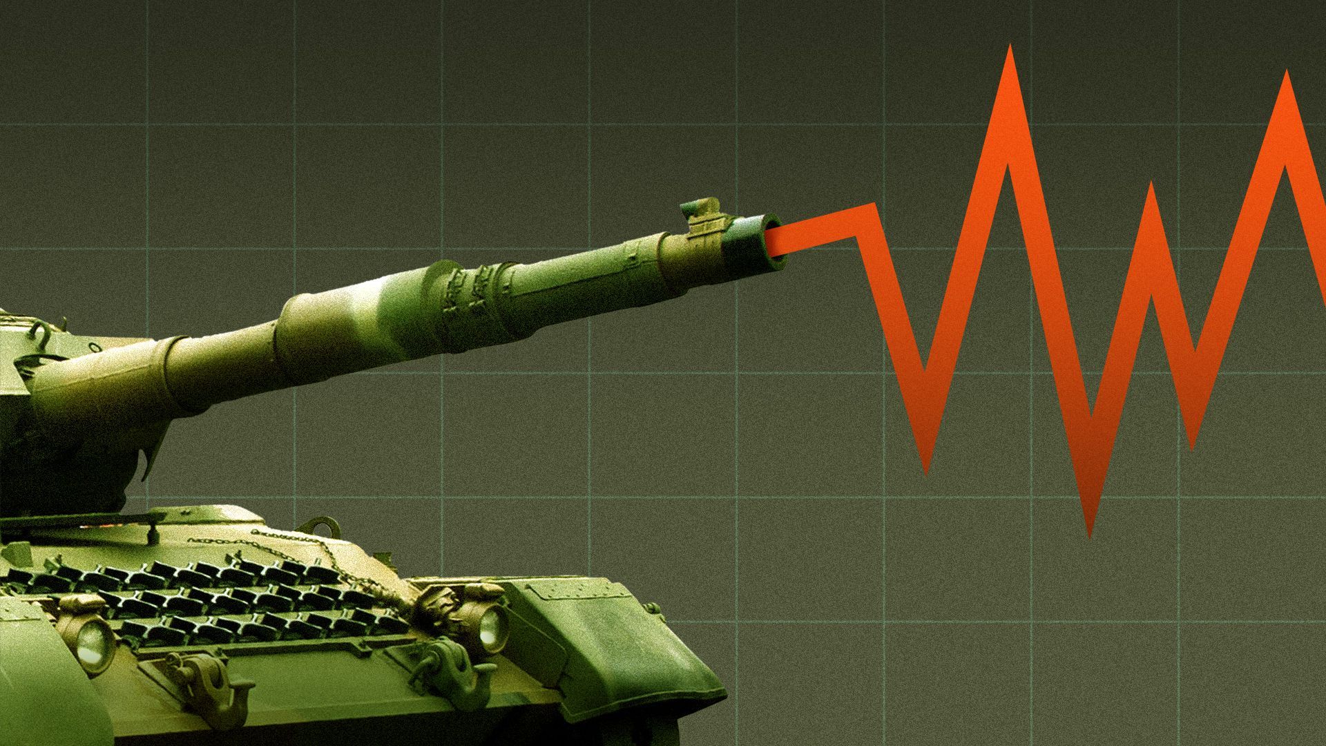 Illustration of a tank with an erratic line chart shooting out.
