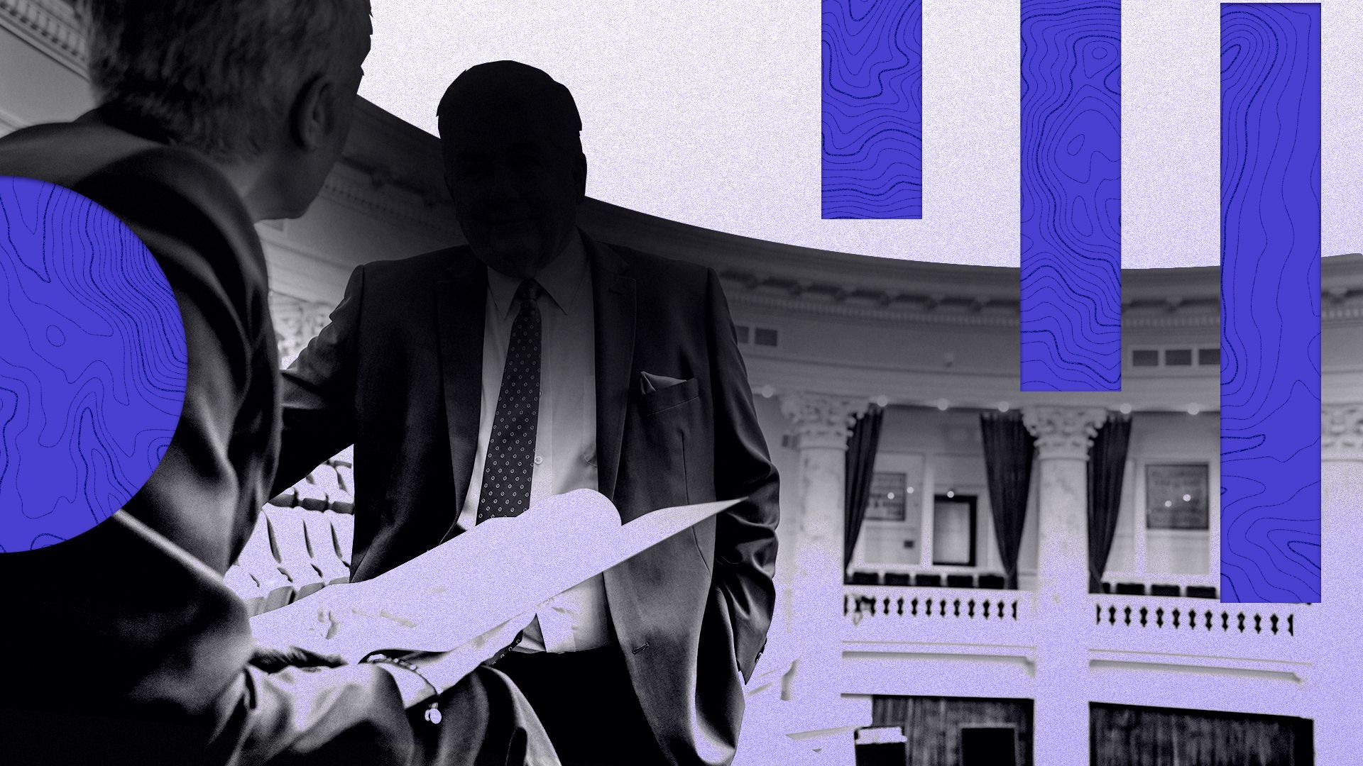 Illustration of two politicians holding papers and speaking inside the Capitol Building surrounded by graphic shapes filled with contour line patterns.