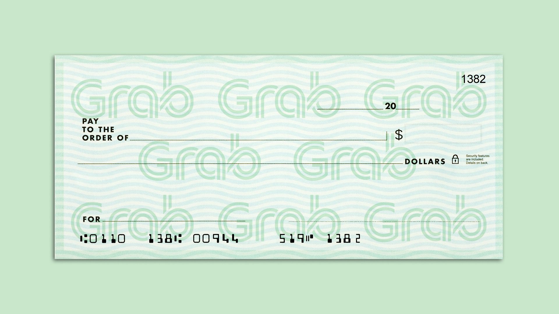 Illustration of a Grab logo patterned watermark on a blank check.  