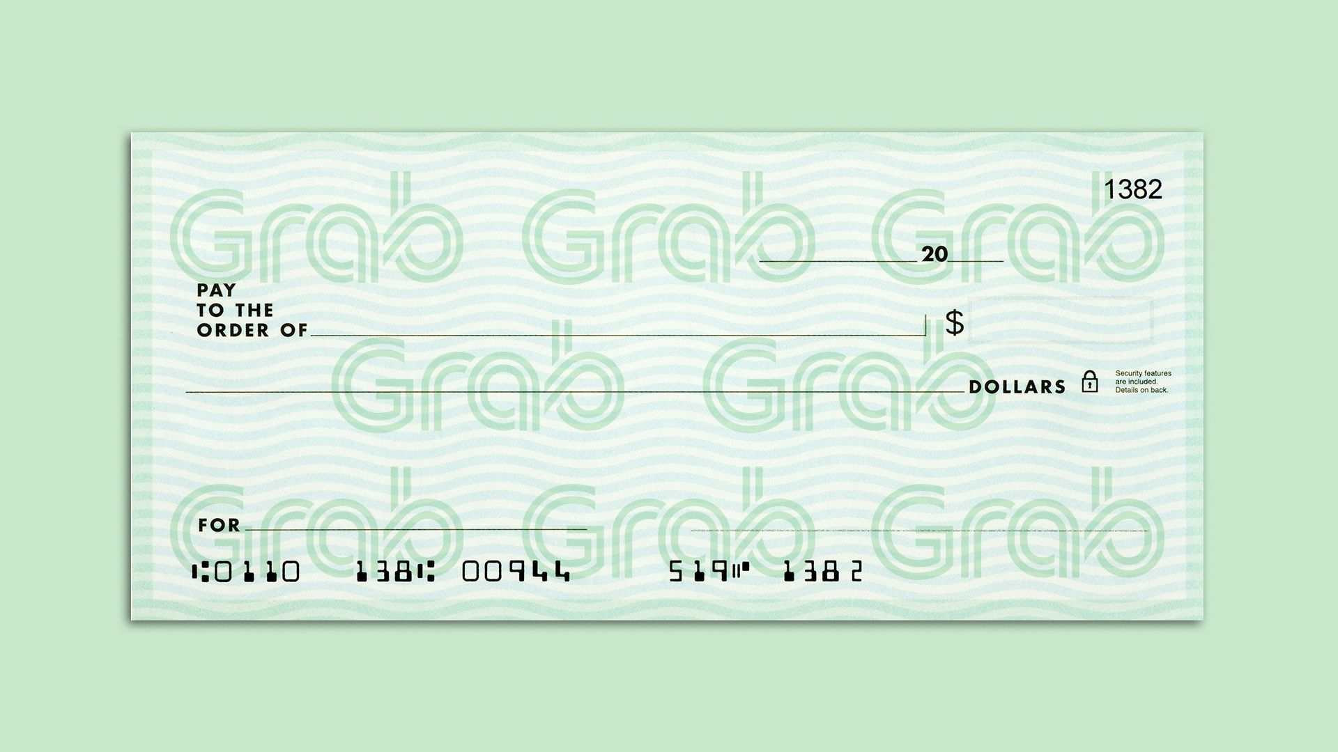 Illustration of a Grab logo patterned watermark on a blank check.