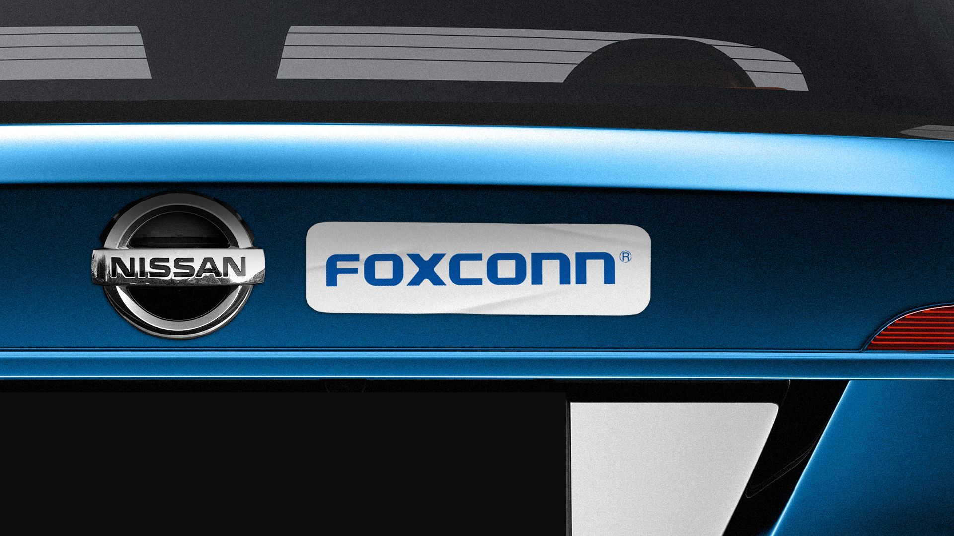 Photo illustration of a FoxConn bumper sticker on the trunk of a Nissan.