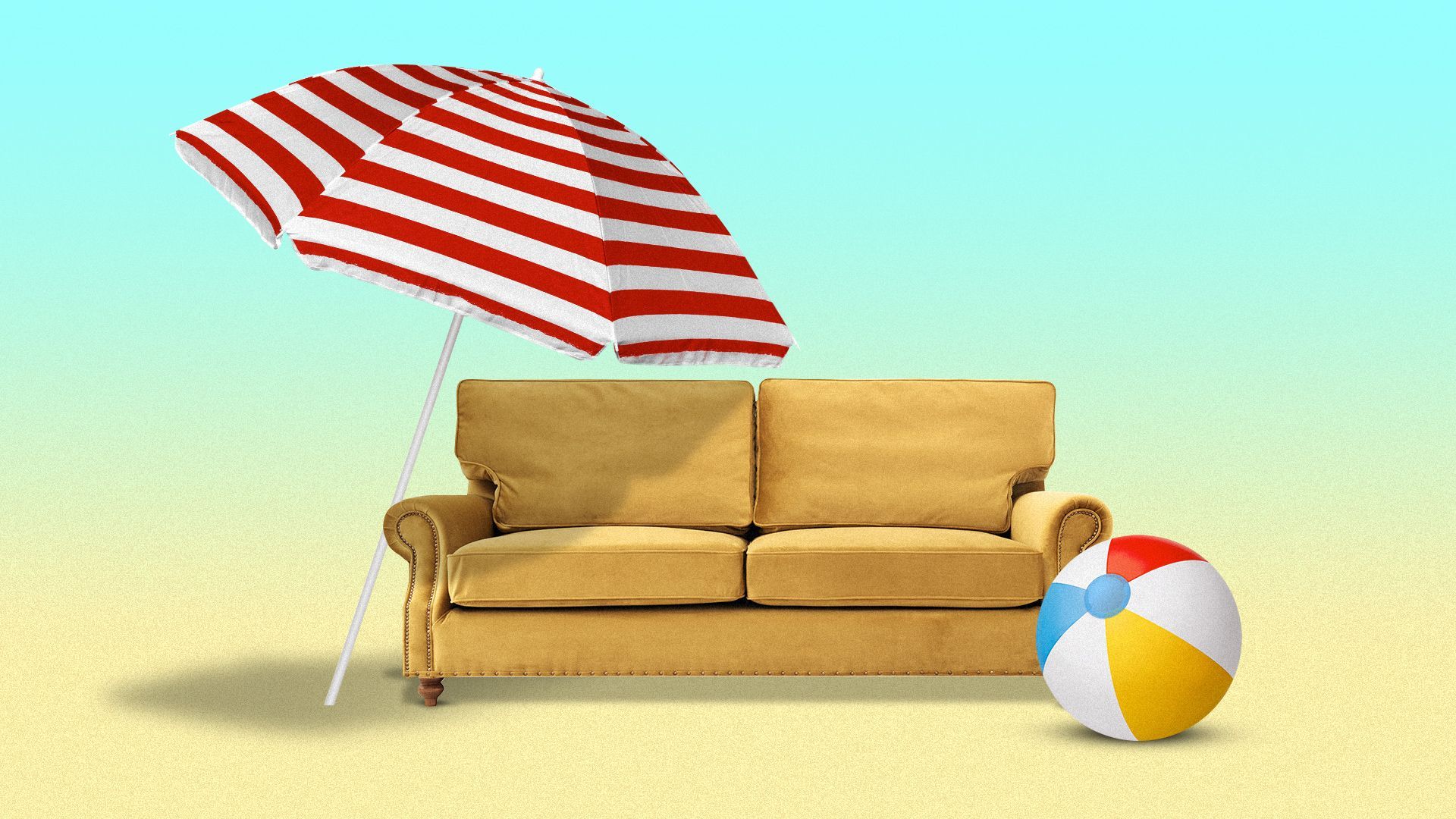 Illustration of a couch with a beach umbrella and a beach ball. 