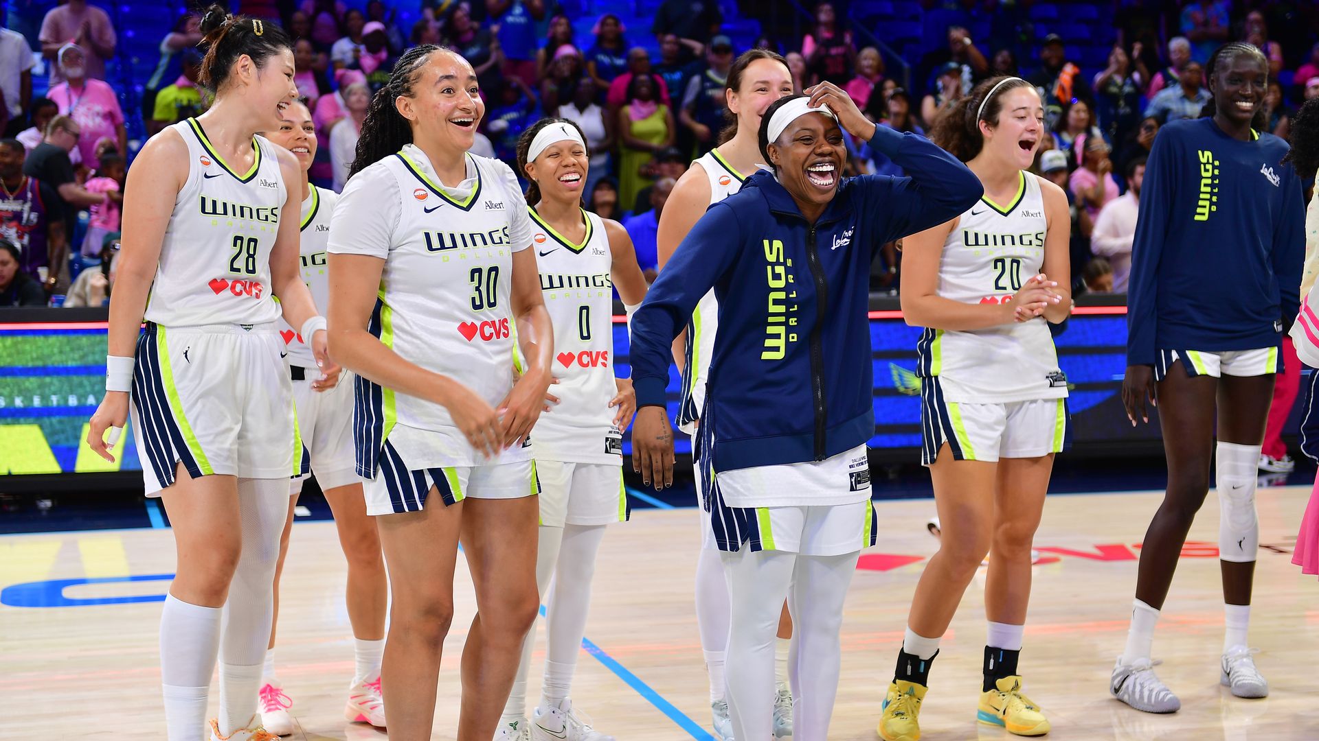 The Dallas Wings celebrate after the game against the Connecticut Sun on August 30, 2026 at the College Park Center in Arlington.