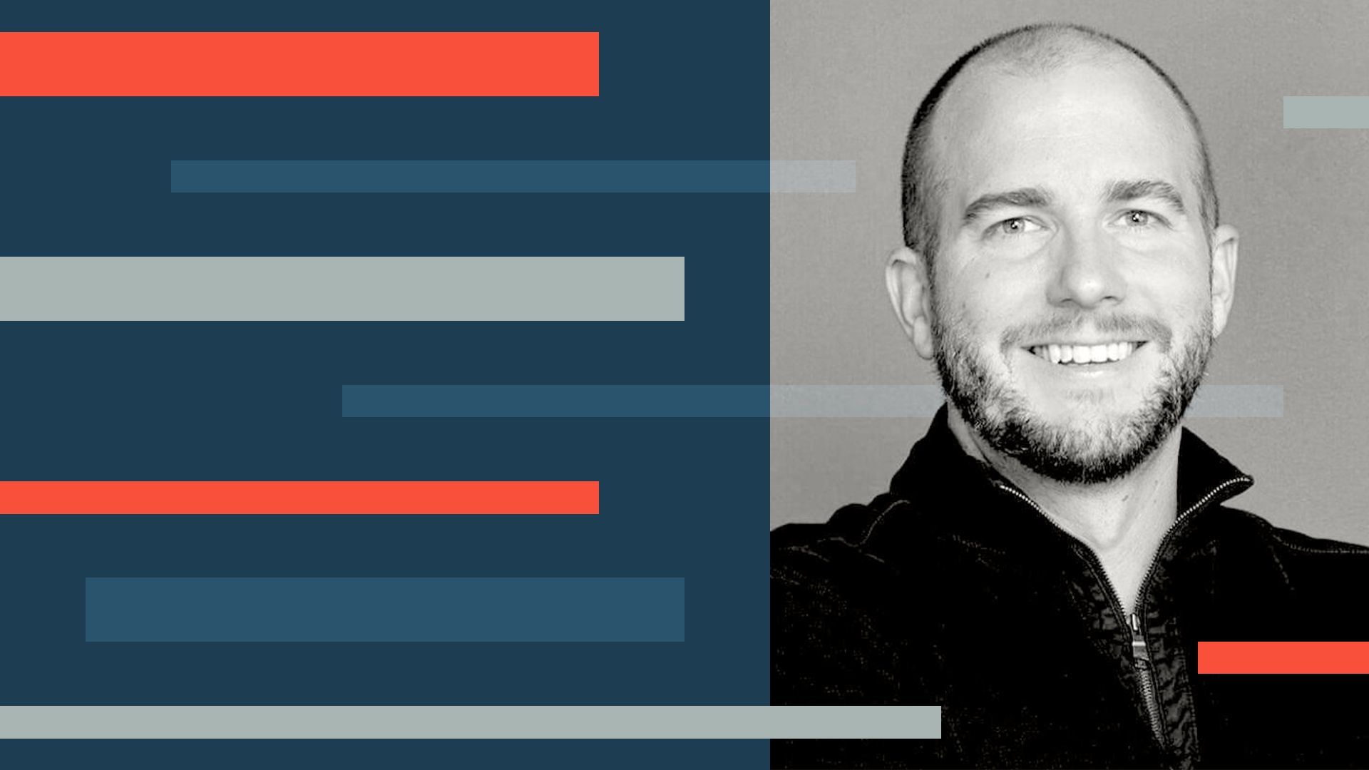 a photo illustration of Cameron Deatsch of Kajabi in front of a striped background