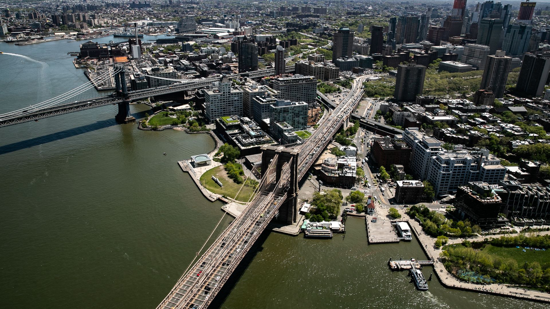 View of New York's Brooklyn Bridge and Manhattan Bridge, as seen from a Blade helicopter