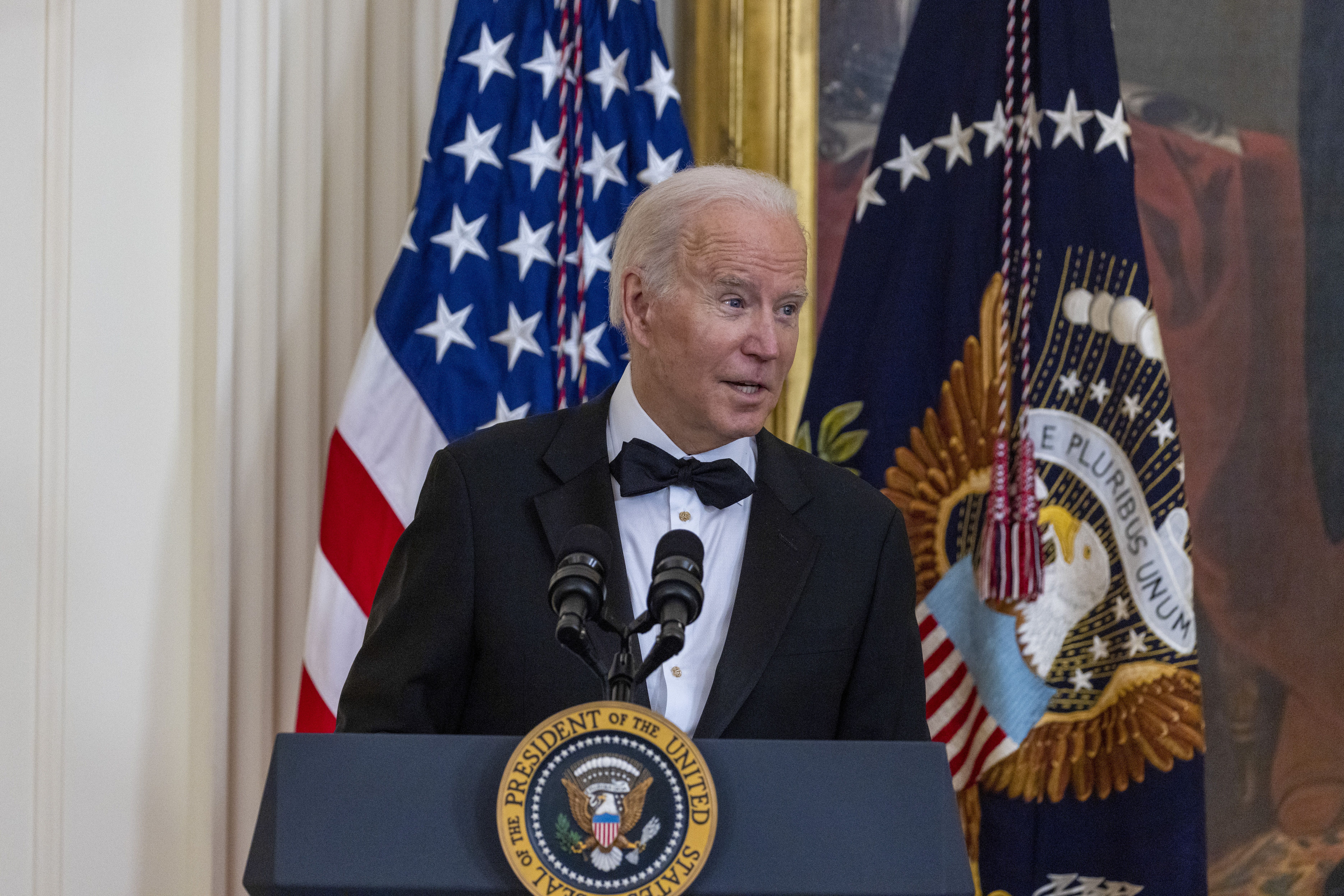 Biden addresses guests and this year's honorees in the East Room of the White House