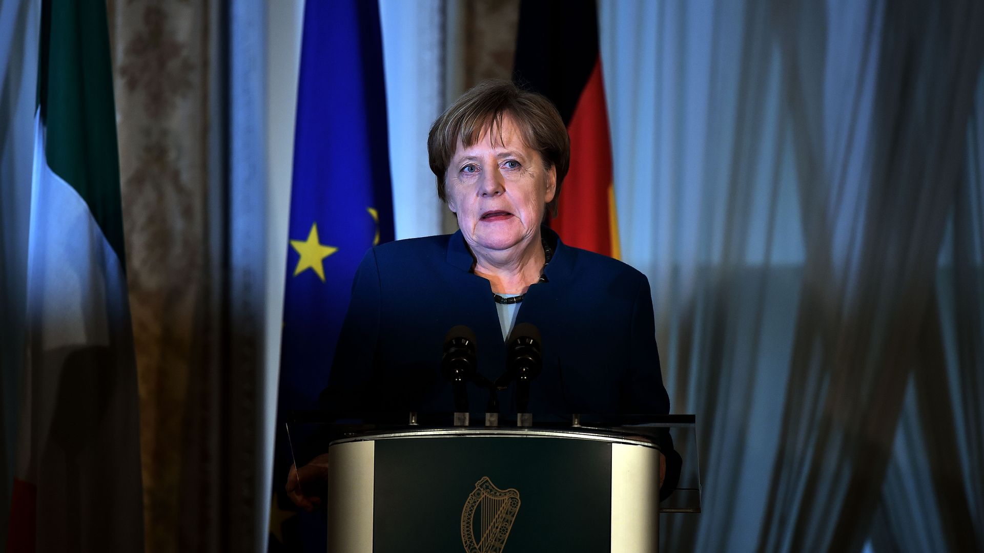 German Chancellor Angela Merkel reacts to questions.
