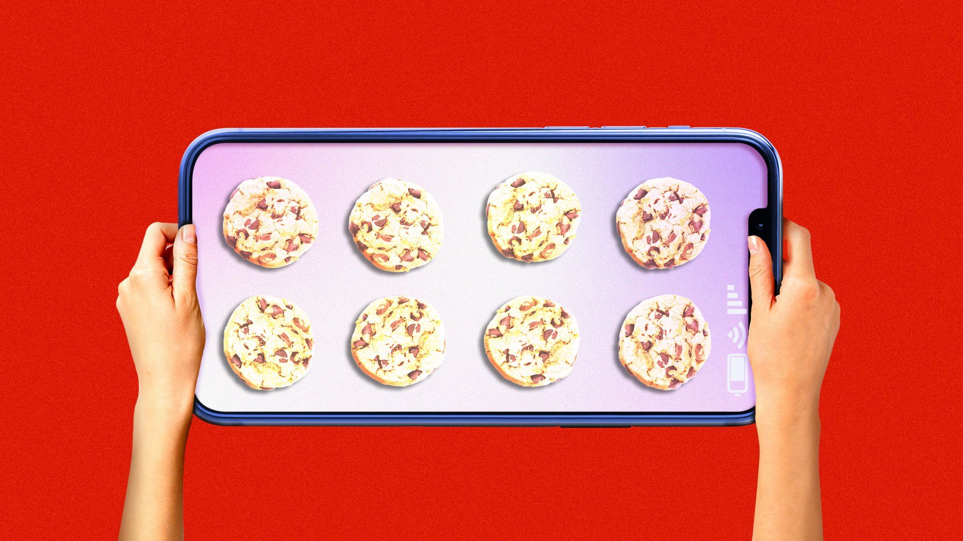 Illustration of hands holding a giant cellphone with cookies on the screen as if it were a sheet tray