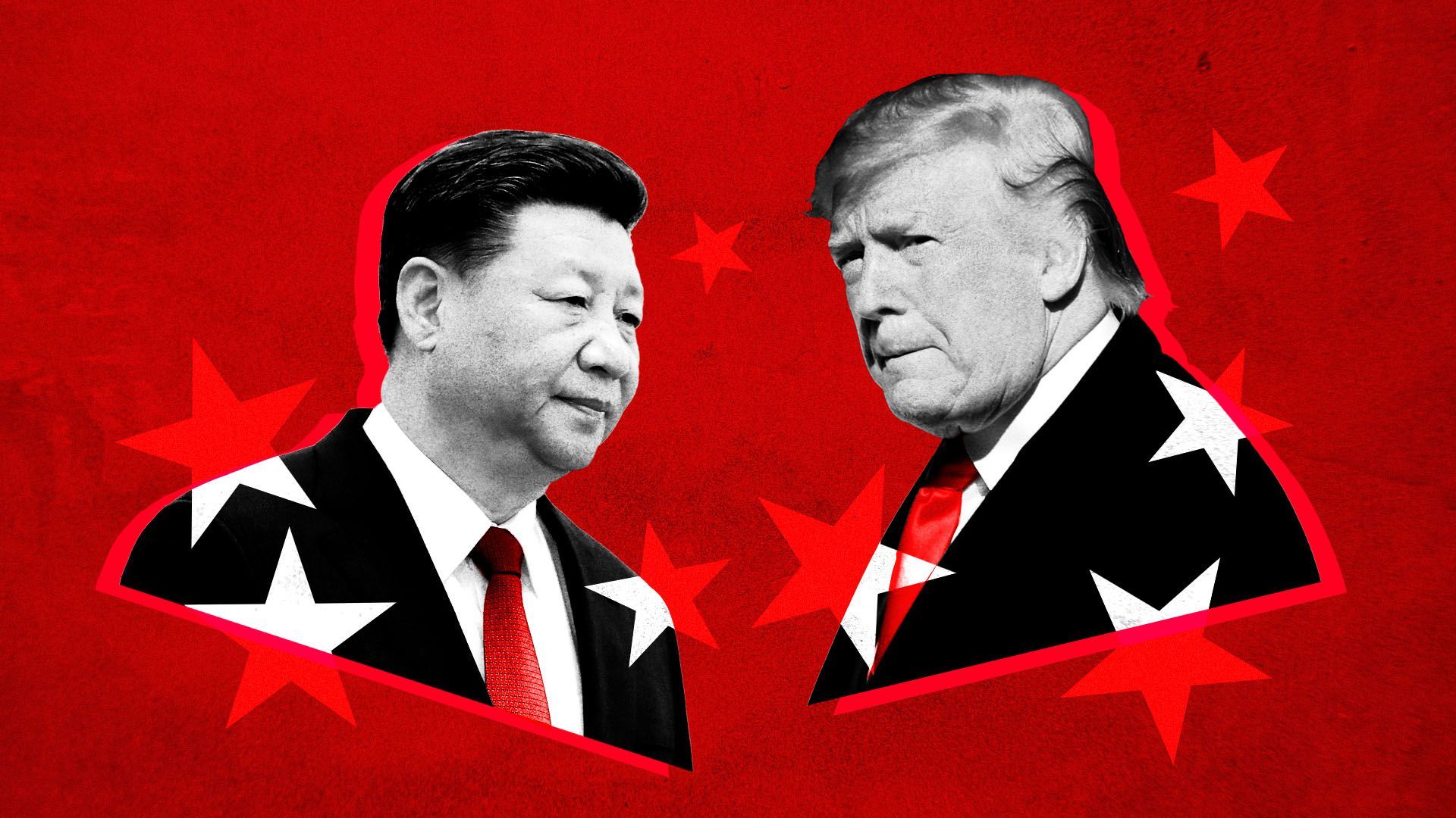 Photo illustration of Presidents Xi Jinping and Donald Trump surrounded by stars.