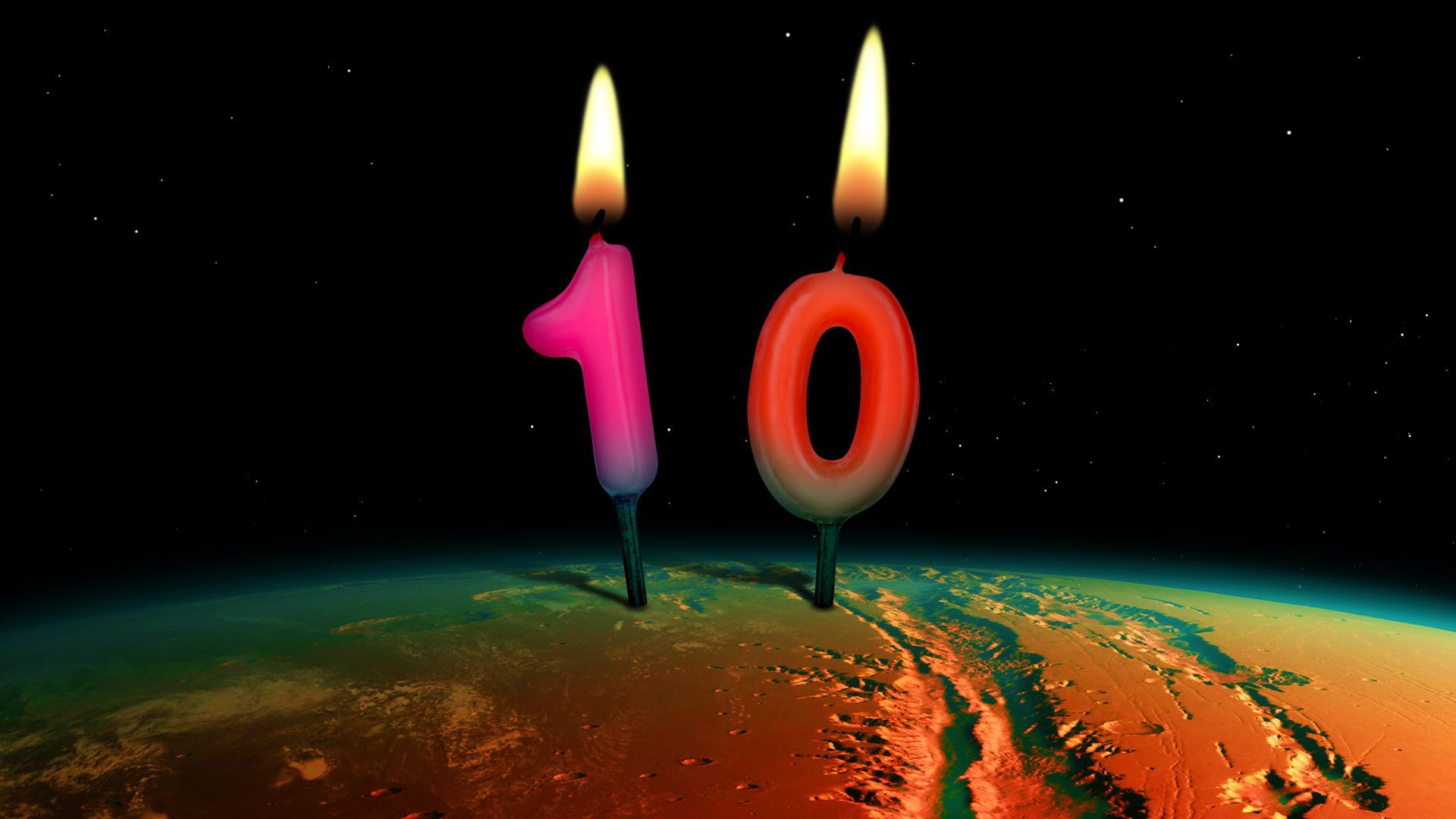 Illustration of "ten" number candles on the surface of Mars. 