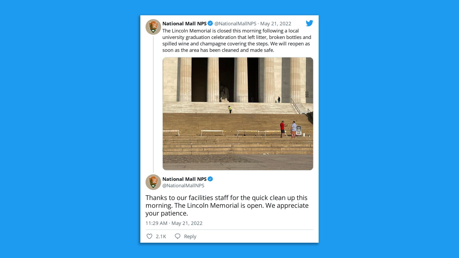 An NPS tweet showing picture of closed Lincoln Memorial due to litter