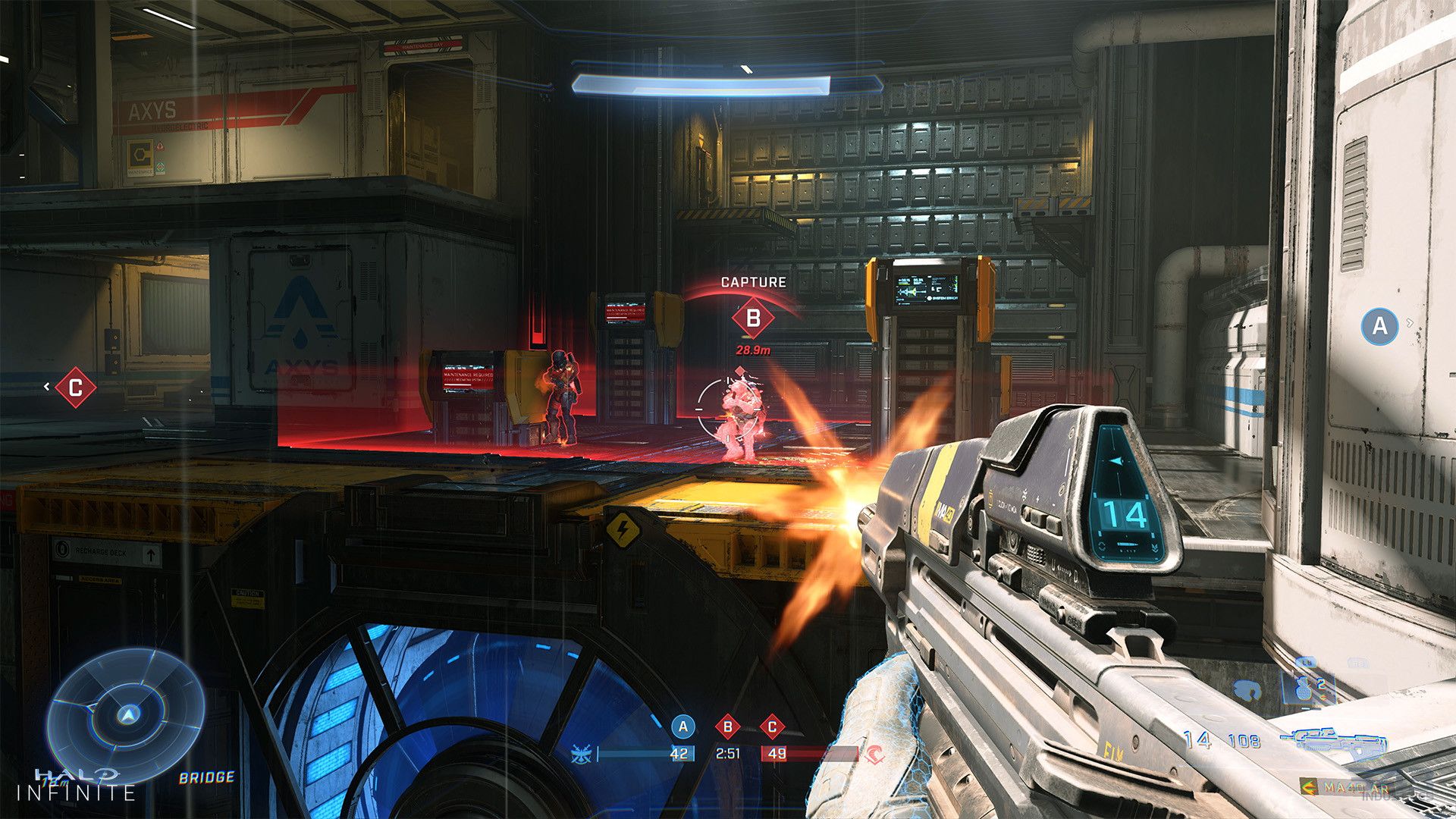 Screenshot of a first-person shooter, as a character takes aim with a virtual machine gun at an enemy in red armor