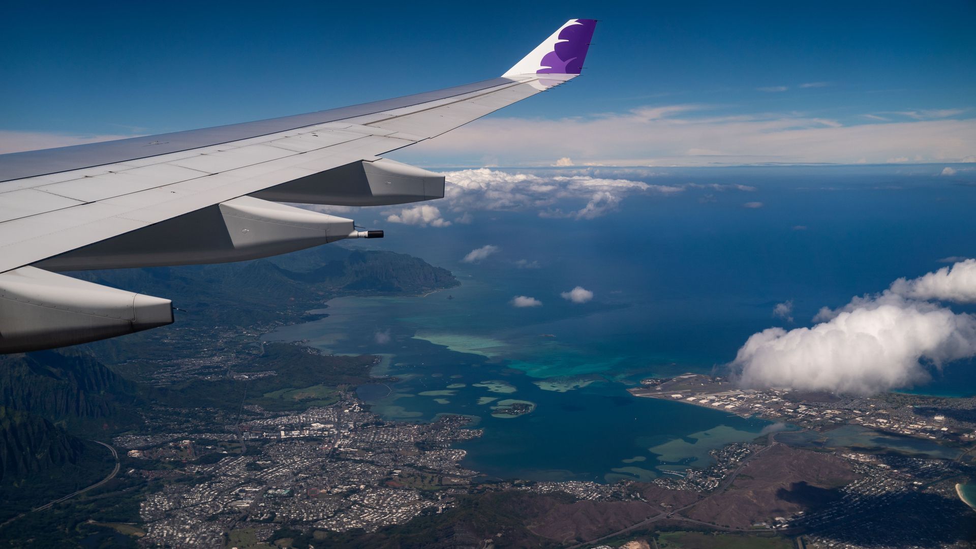 The view of the windward side of Oahu, from aboard a Hawaiian Airlines flight from Los Angeles International Airport to Honolulu International Airport on Thursday, Oct. 15, 2020 above Honolulu, HI. 