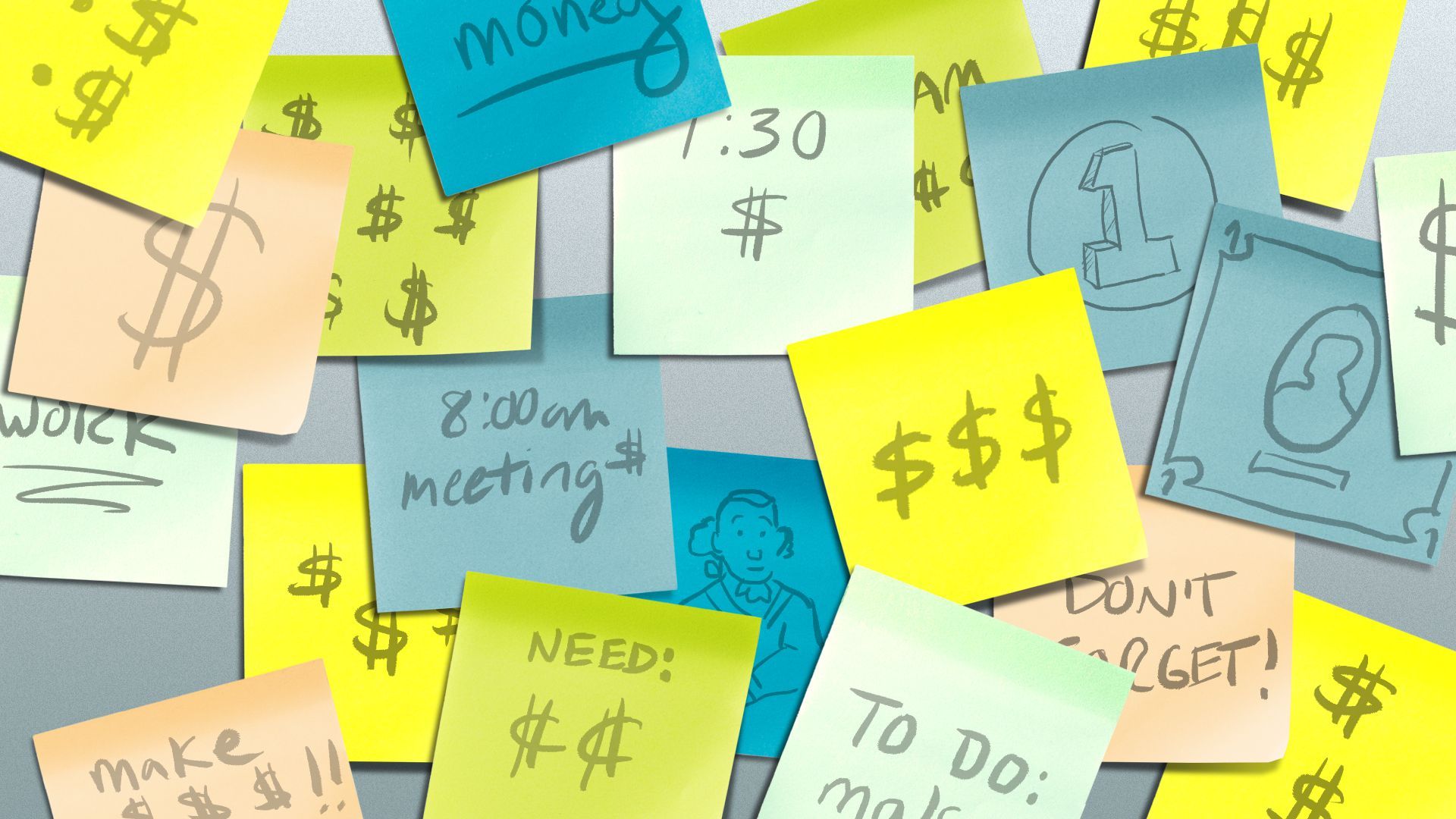 Illustration of a wall covered in post-it notes with money-related notes on them