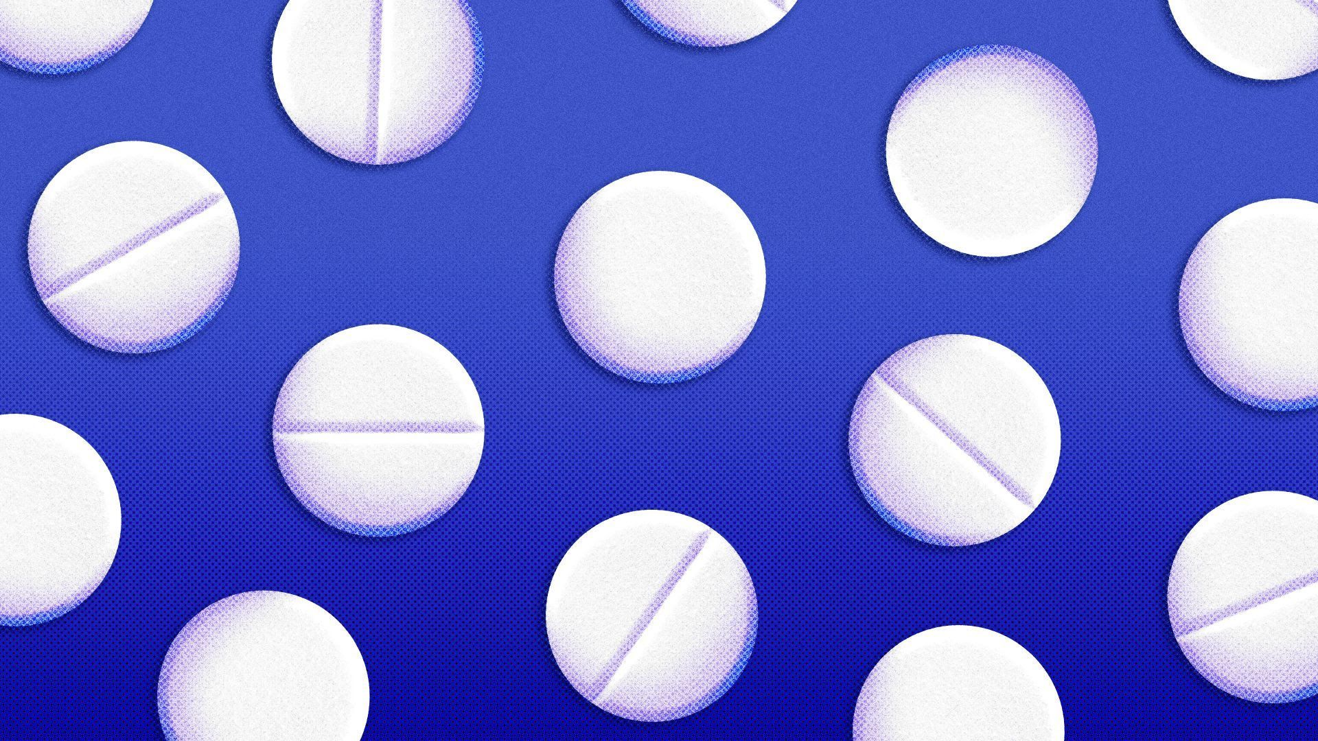 Illustration of pills spread out over a purple background.