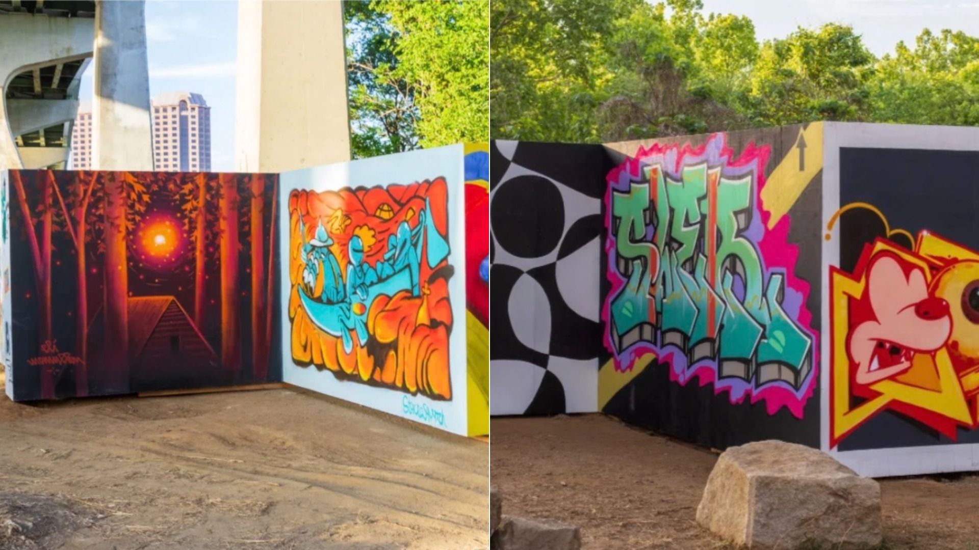 Graffiti wall under a bridge, split into two panels: left shows an orange forest scene with a glowing sun and blue figures; right features teal lettering with pink outline and a cartoon, against black circular patterns.