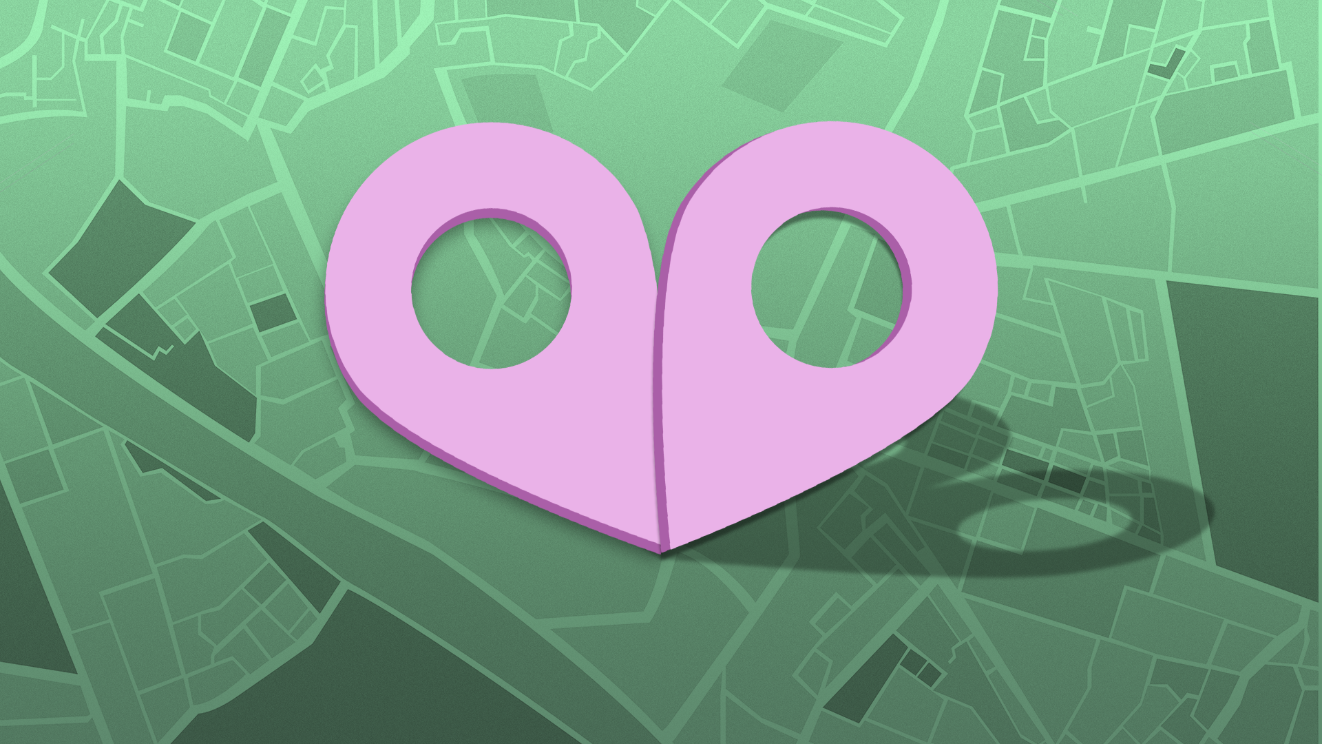 Two connected lavender-pink heart shapes form a stylized heart over a green, abstract city-map background, with a dark shadow along the bottom-right edge.