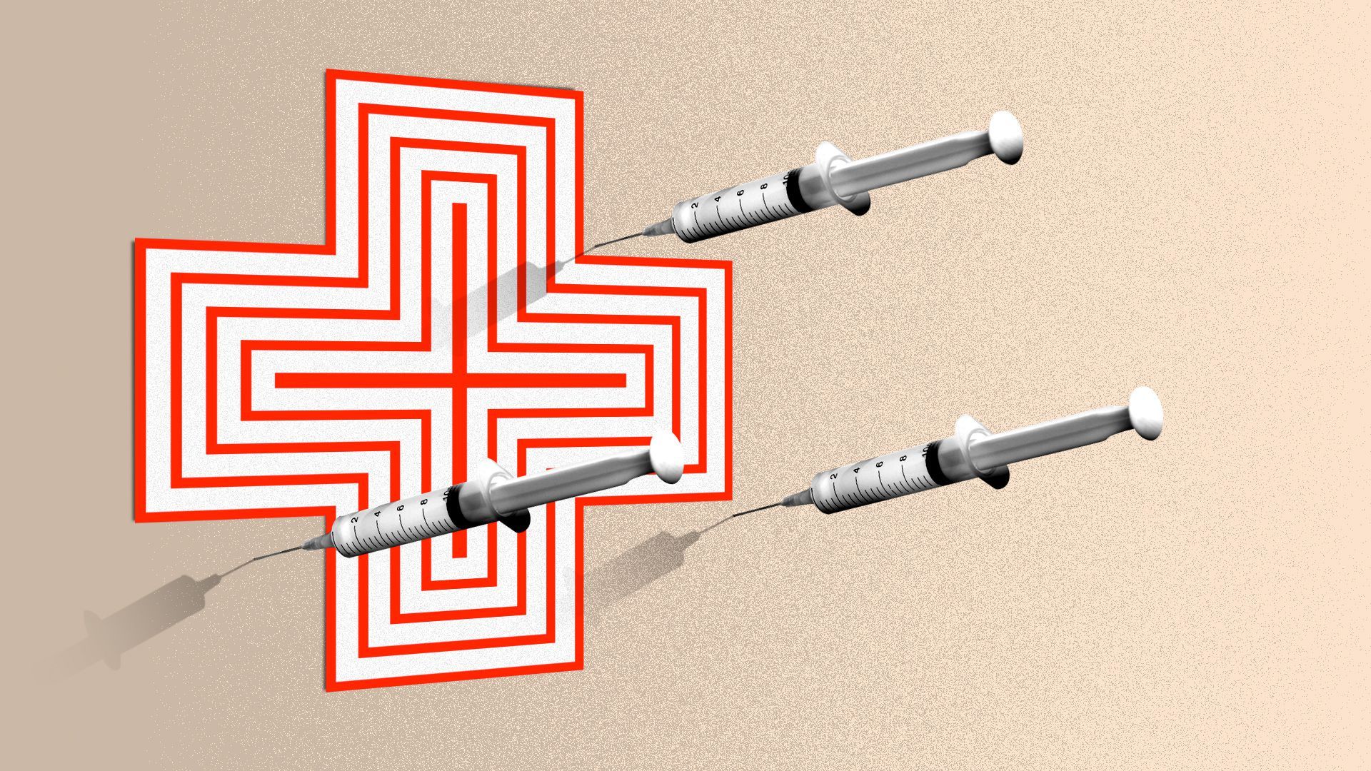 Illustration of syringes as darts missing a target made to look like a health plus. 