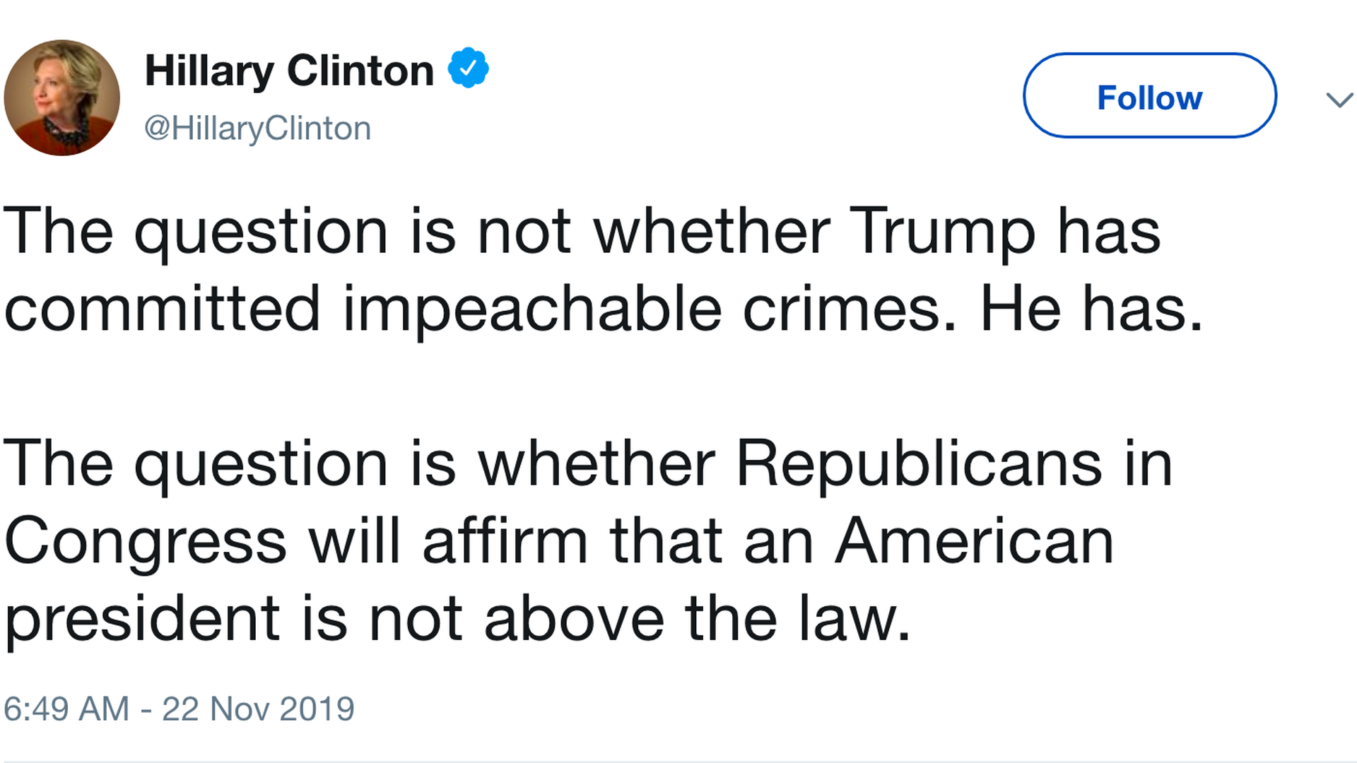Hillary Clinton asks if Republicans will place Trump "above the law"