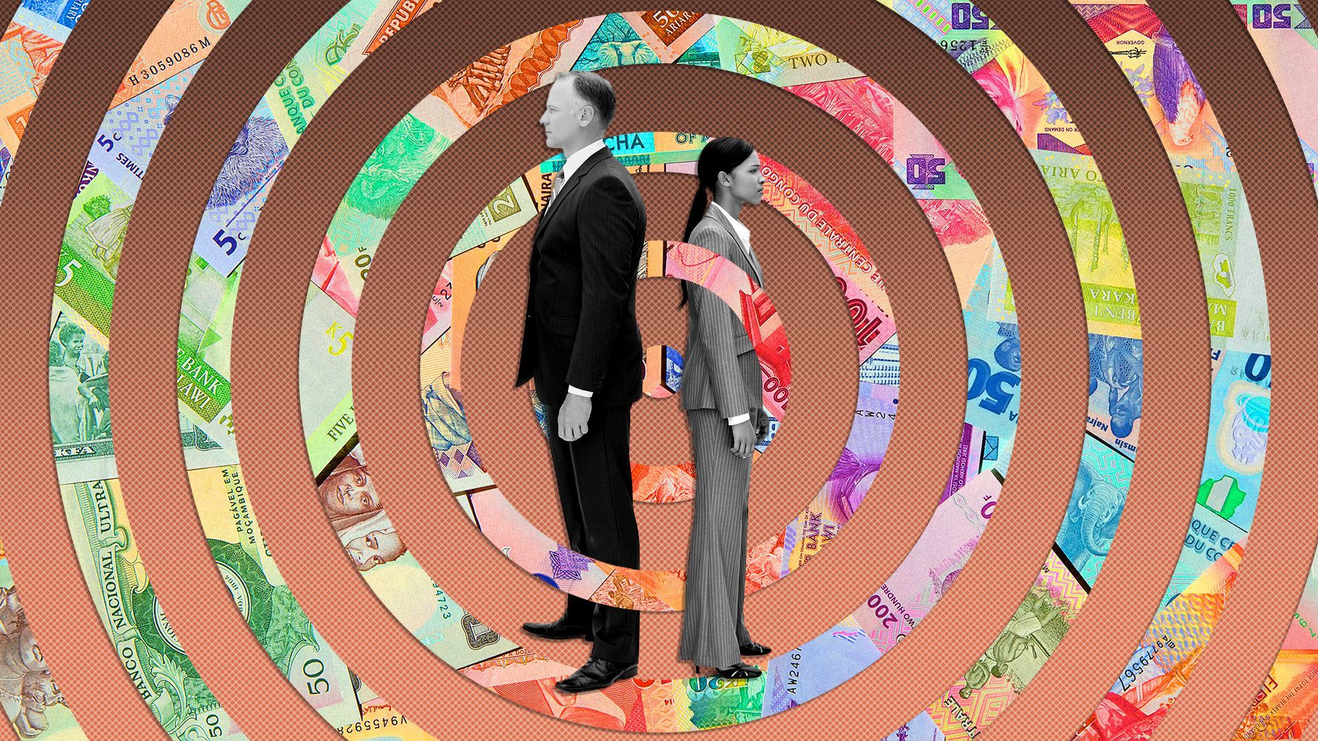 Illustration of two businesspeople back to back in the center of concentric circles made out of international currency. 