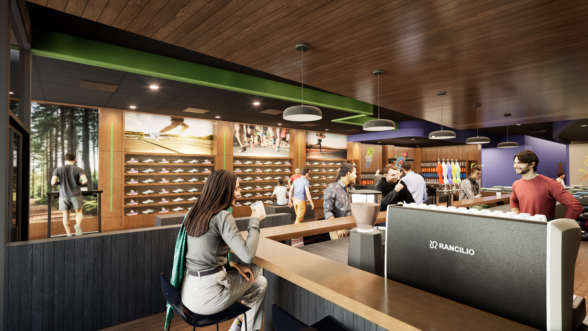 Interior of a sports store cafe: ceiling, limegreen beam, sneaker shelves along wall, customers at a long counter, coffee station with a Rancilio machine in the foreground, pendant lights overhead.