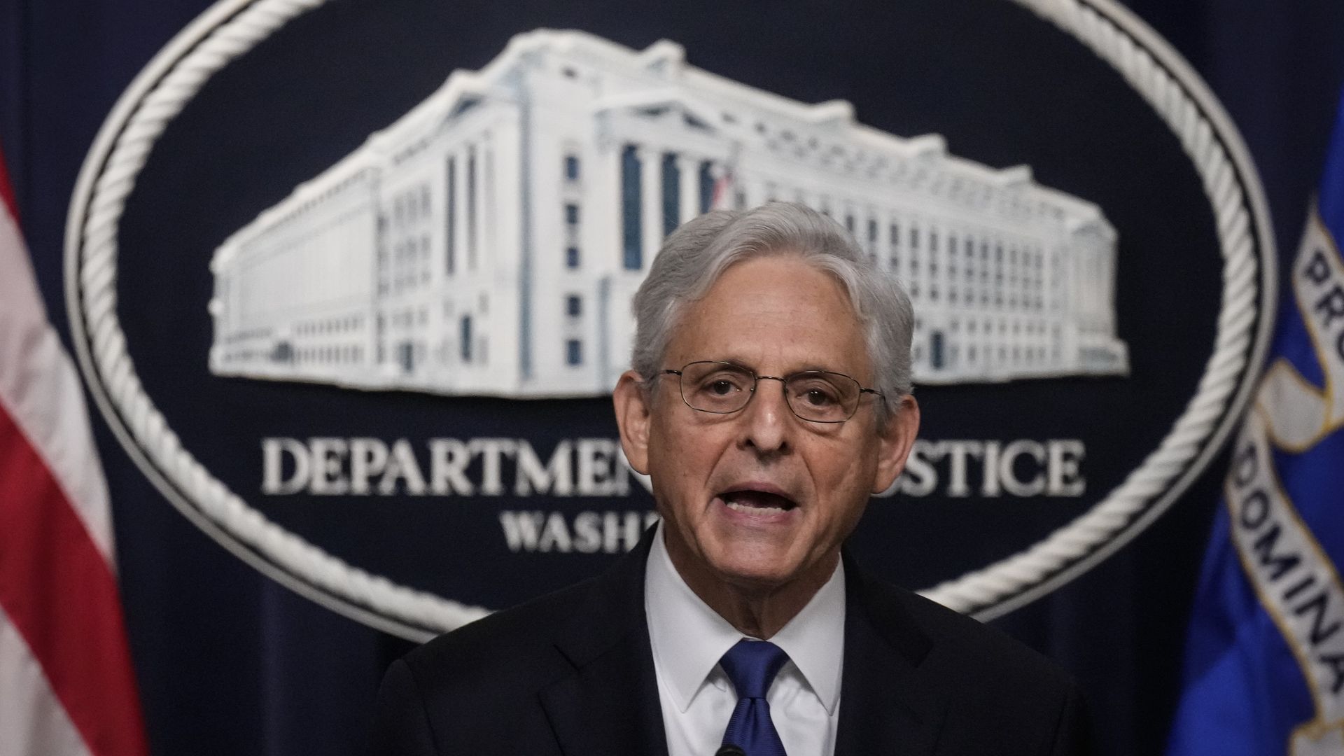 Attorney General Merrick Garland delvers a statement at the U.S. Department of Justice August 11, 2023 in Washington, DC. 