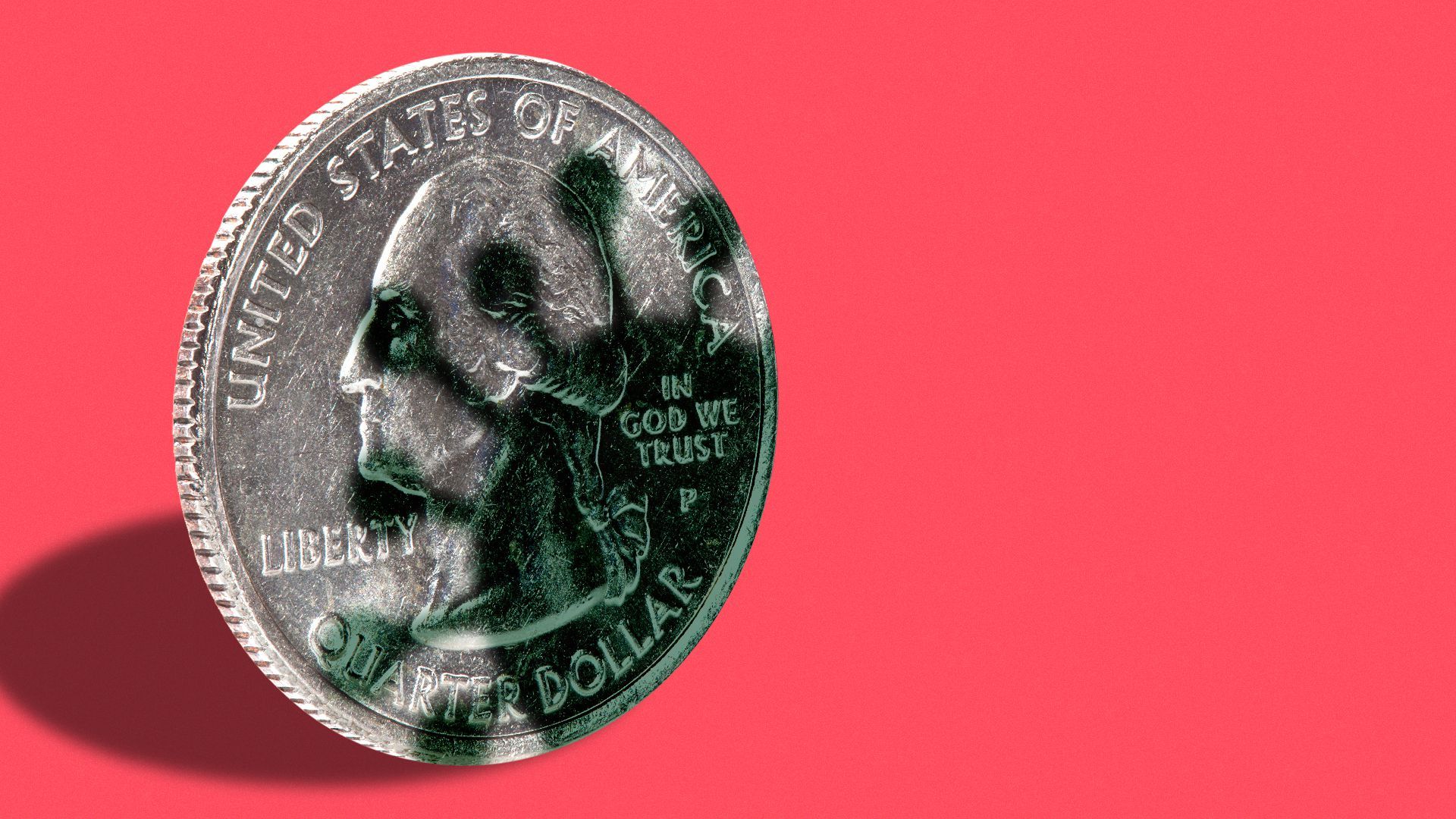 Illustration of a COVID-shaped shadow on a U.S. quarter