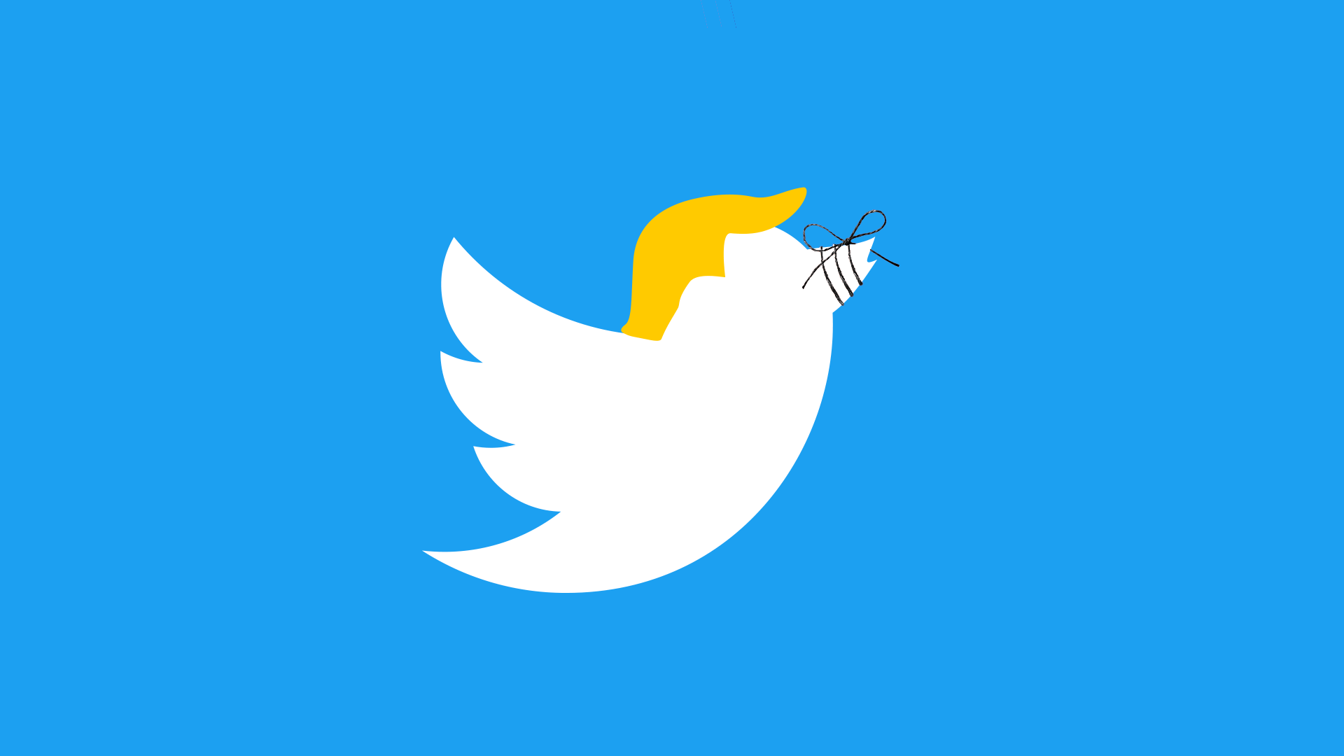 An illustration of the Twitter bird with Trump-style hair and string tied around the bird's beak